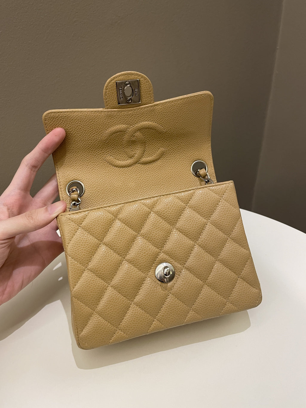 Chanel Vintage Classic Quilted Mini Square Dark Beige Caviar