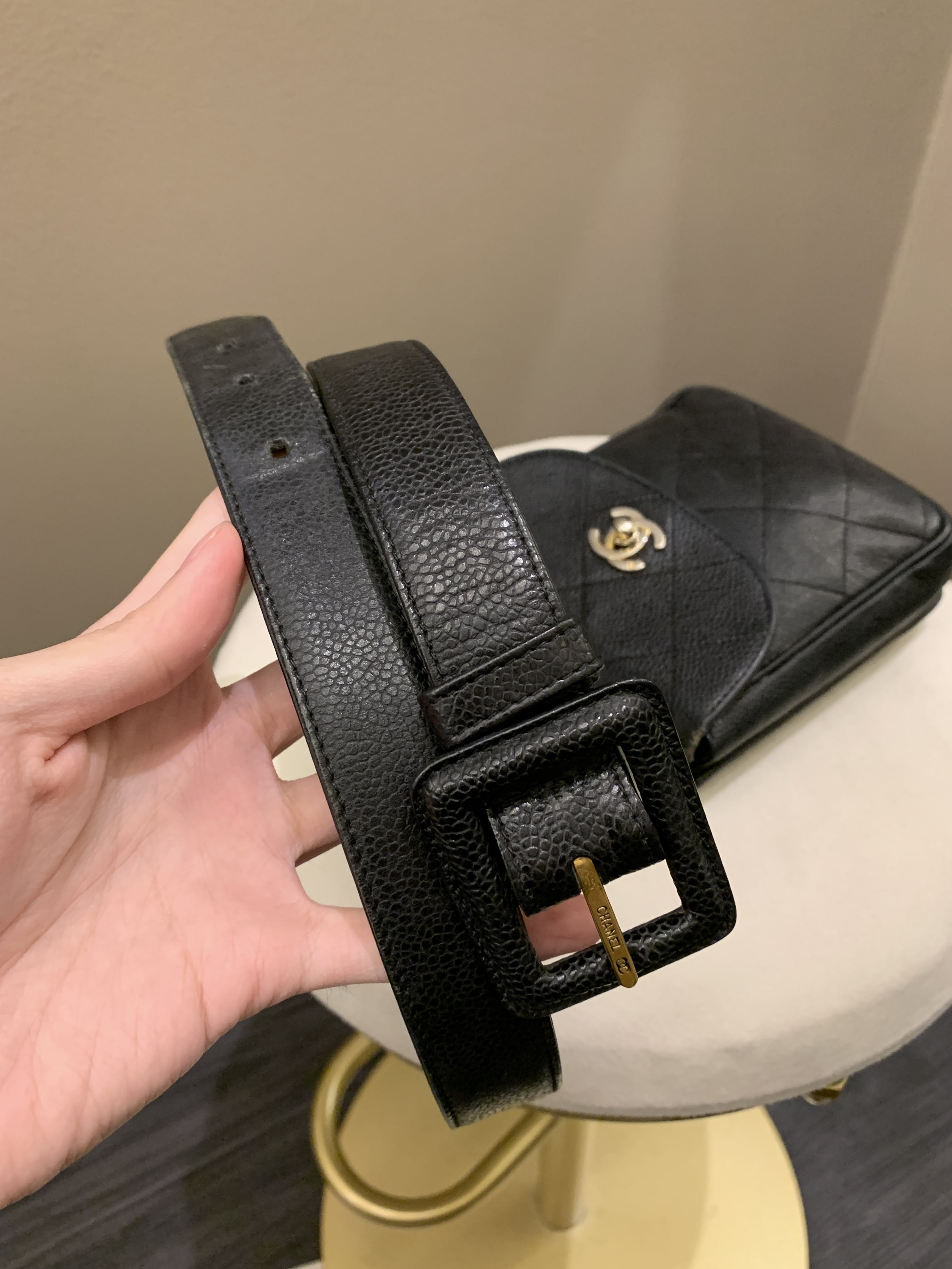 Chanel Vintage Quilted Cc Belt Bag Black Caviar