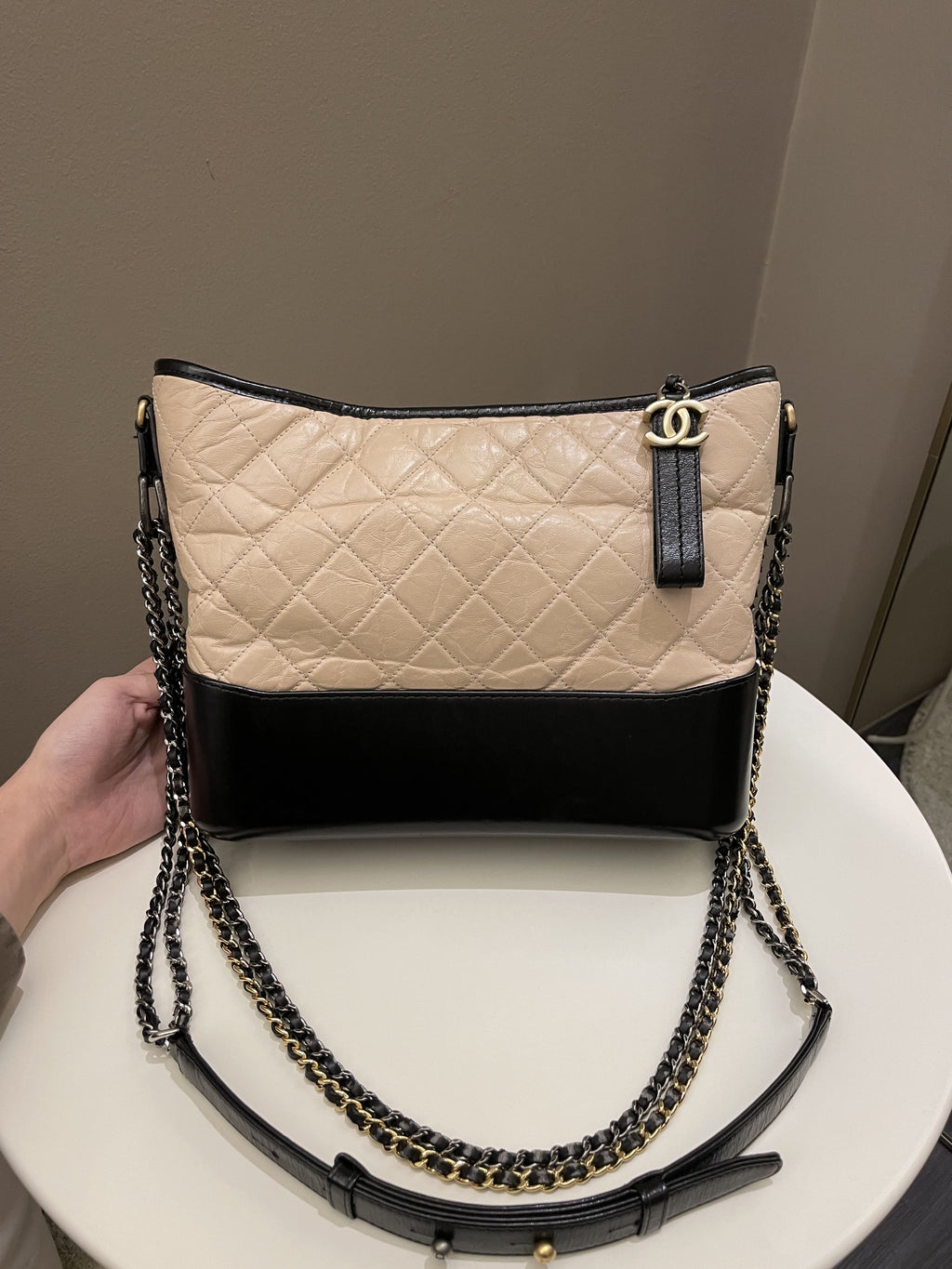 Chanel Quilted Gabrielle Hobo Beige / Black Aged Calfskin