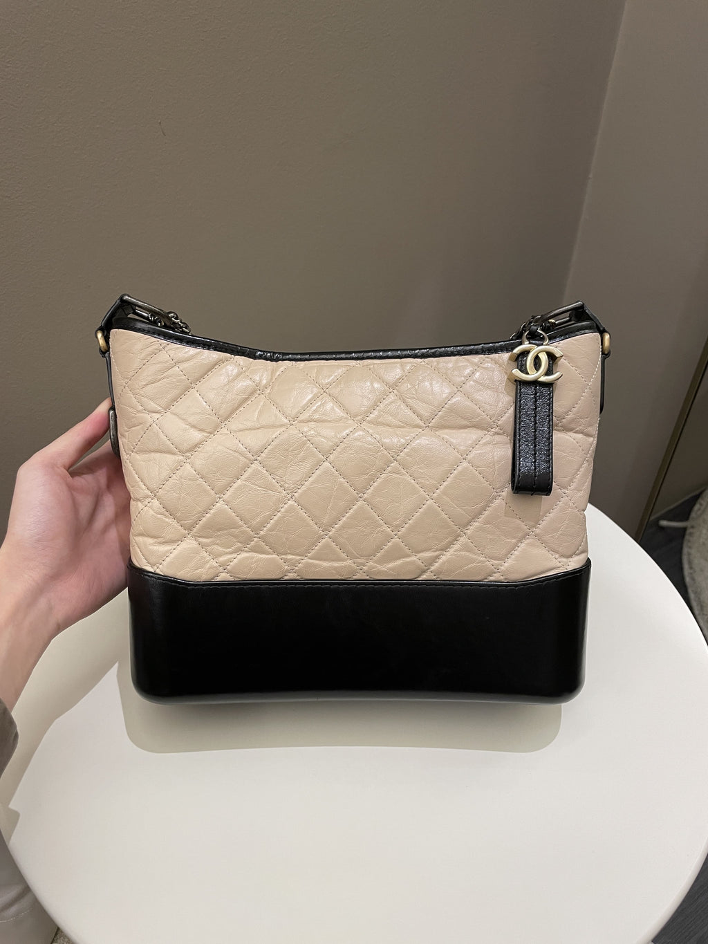 Chanel Quilted Gabrielle Hobo Beige / Black Aged Calfskin