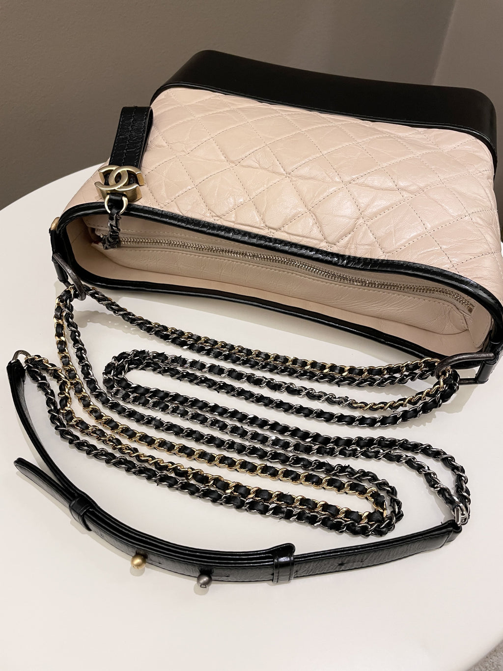 Chanel Quilted Gabrielle Hobo Beige / Black Aged Calfskin