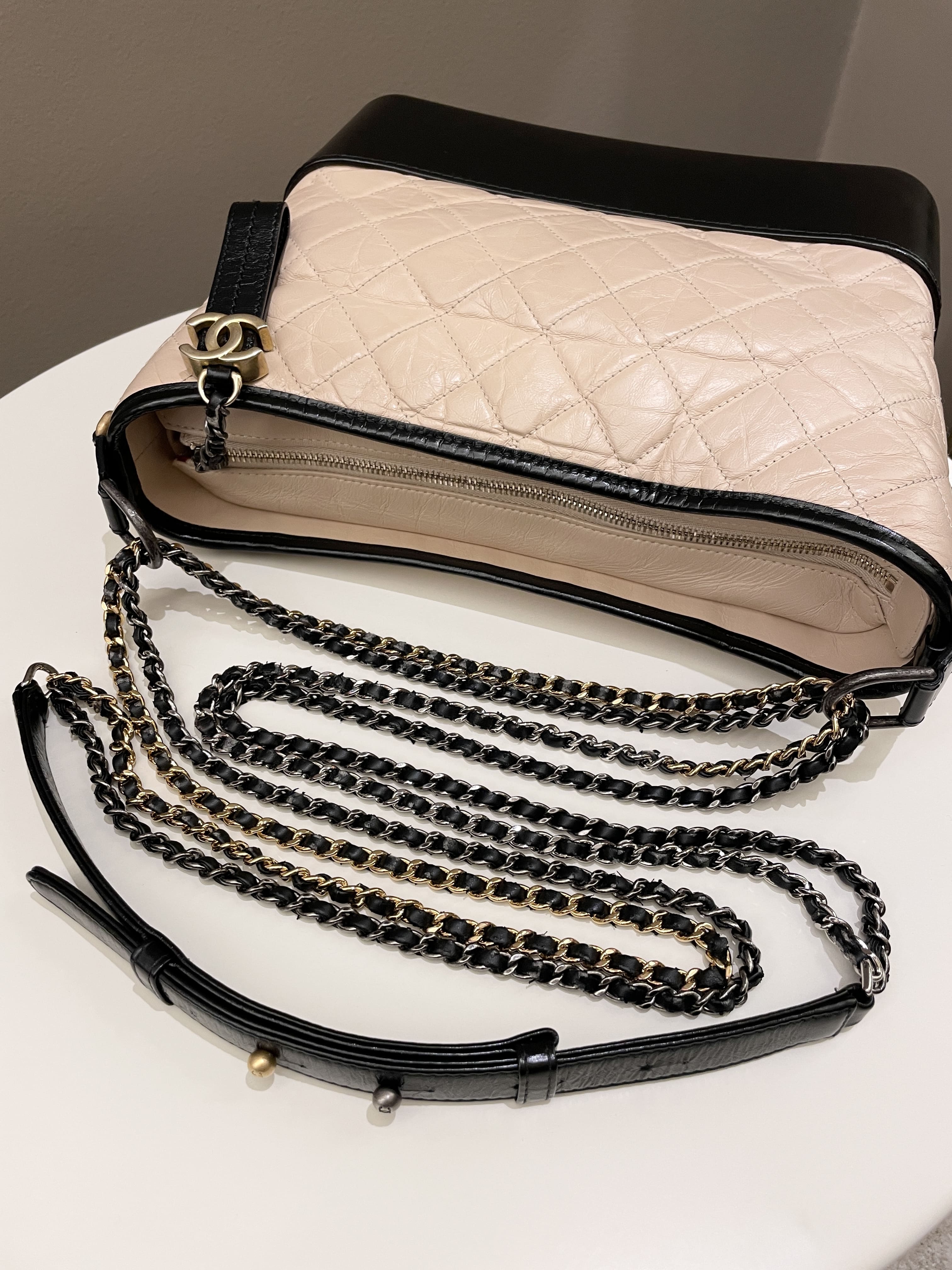 Chanel Quilted Gabrielle Hobo Beige / Black Aged Calfskin