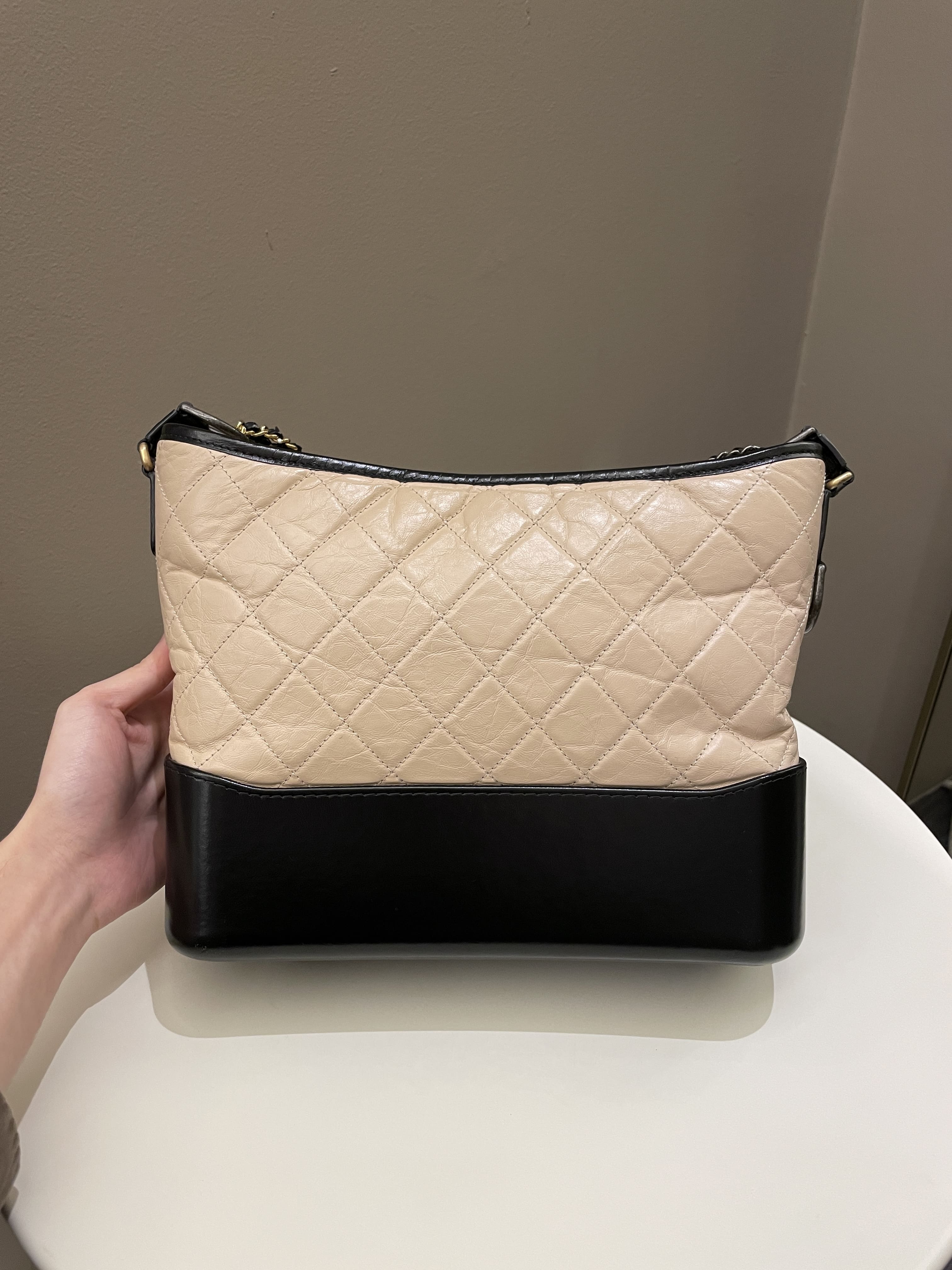 Chanel Quilted Gabrielle Hobo Beige / Black Aged Calfskin