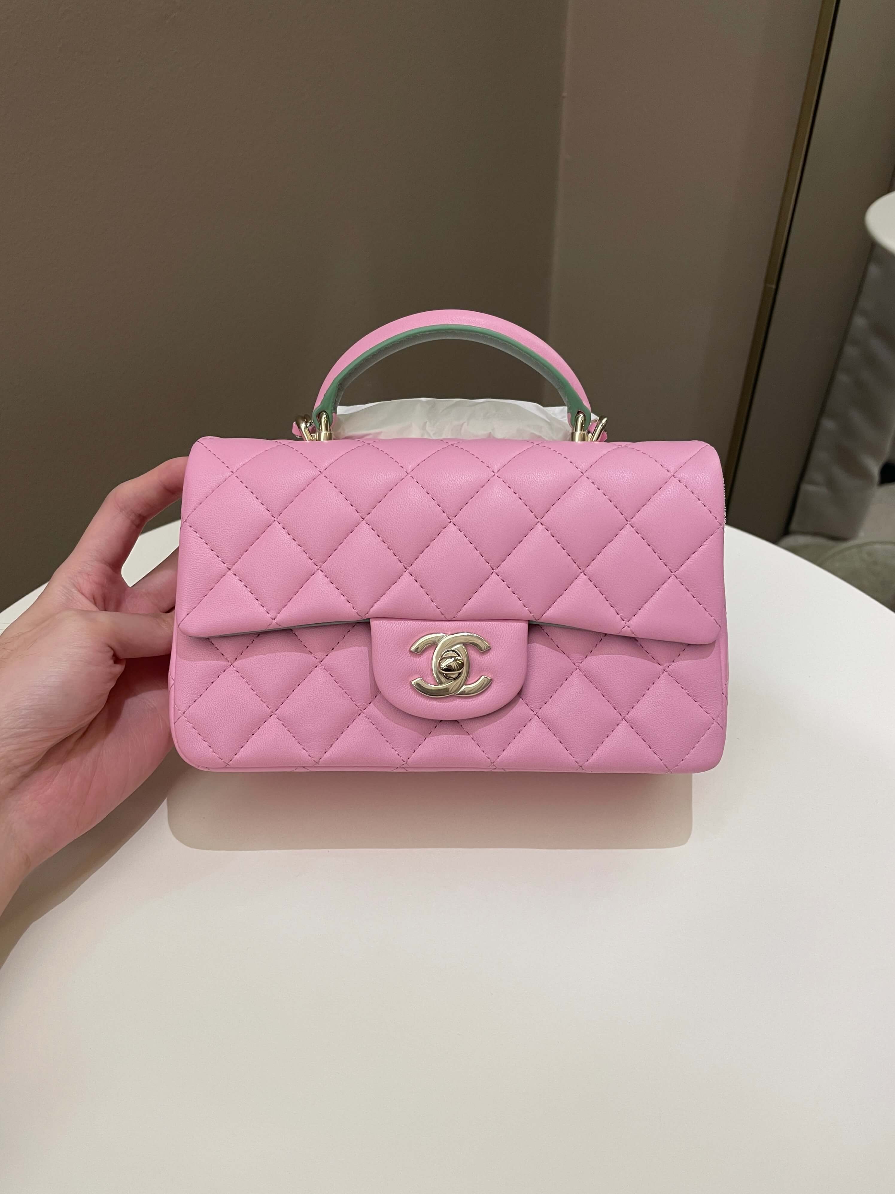 Chanel 23P Quilted Top Handle Mini Rectangular Candy Pink / Apple Green Lambskin
