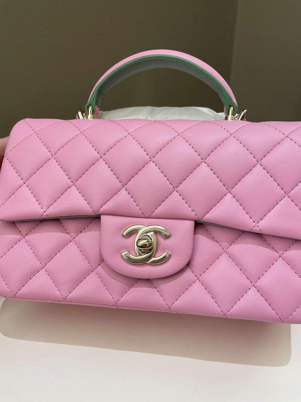 Chanel 23P Quilted Top Handle Mini Rectangular Candy Pink / Apple Green Lambskin