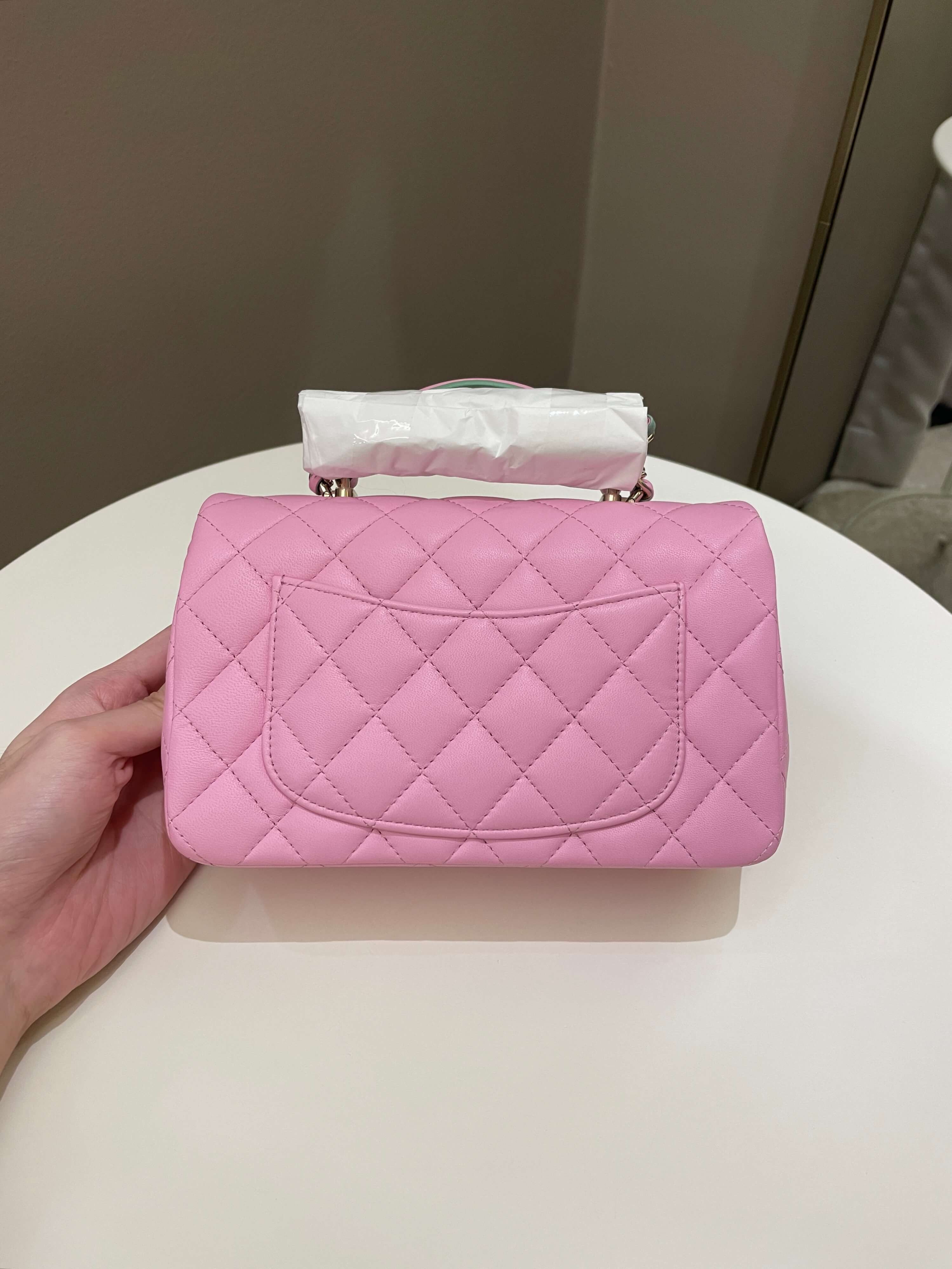 Chanel 23P Quilted Top Handle Mini Rectangular Candy Pink / Apple Green Lambskin