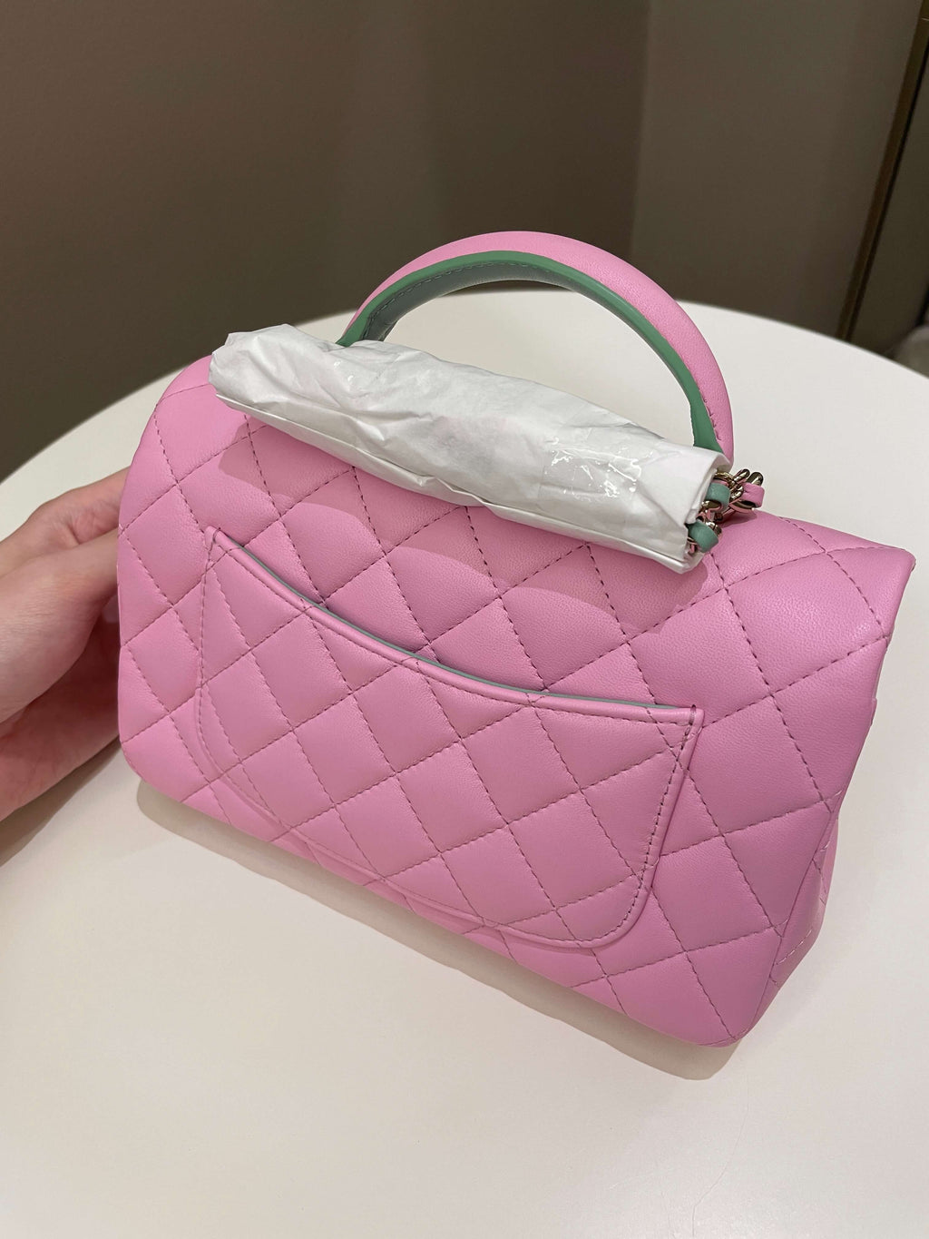 Chanel 23P Quilted Top Handle Mini Rectangular Candy Pink / Apple Green Lambskin