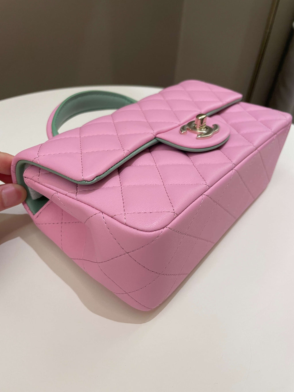 Chanel 23P Quilted Top Handle Mini Rectangular Candy Pink / Apple Green Lambskin