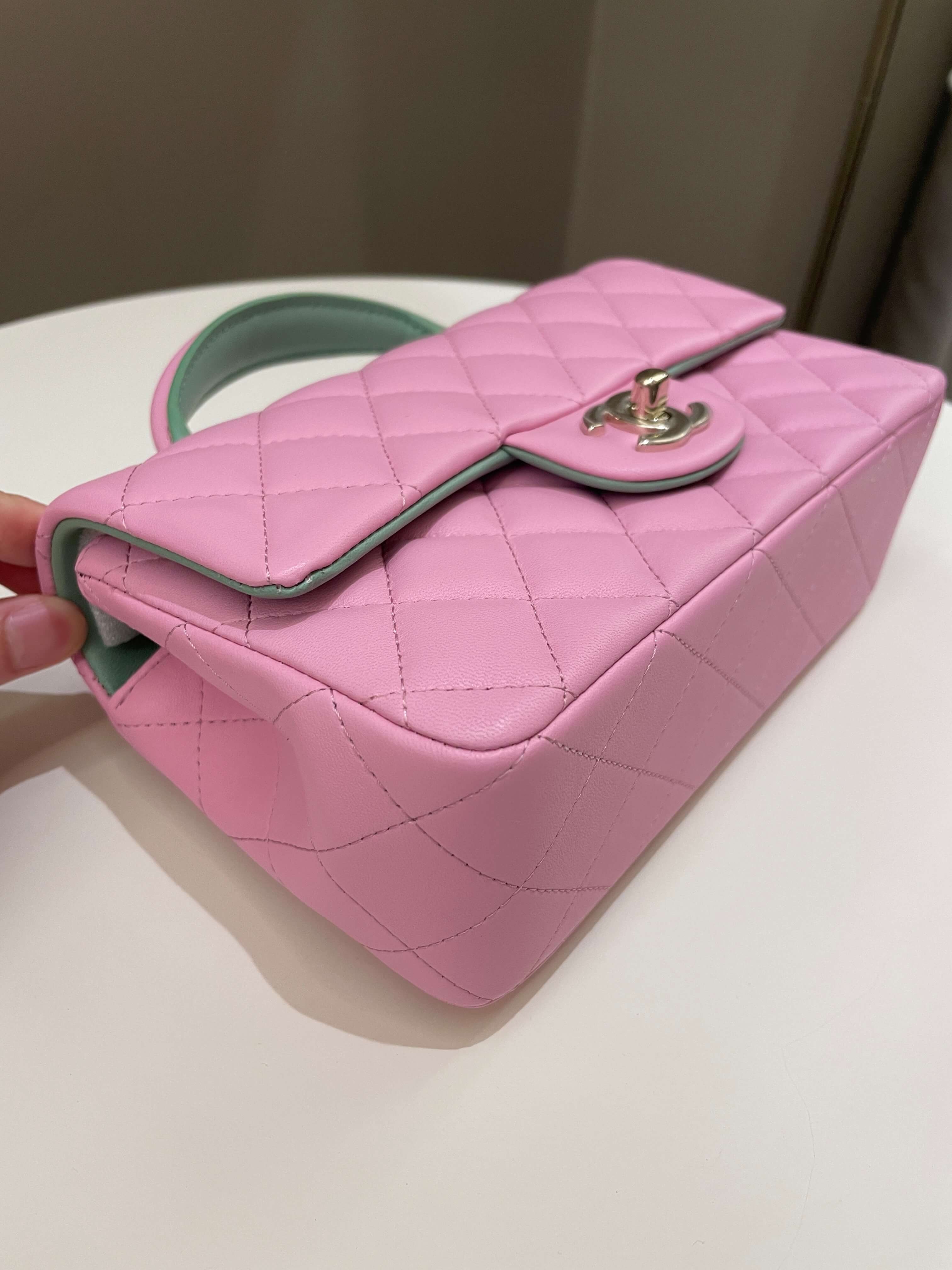 Chanel 23P Quilted Top Handle Mini Rectangular Candy Pink / Apple Green Lambskin