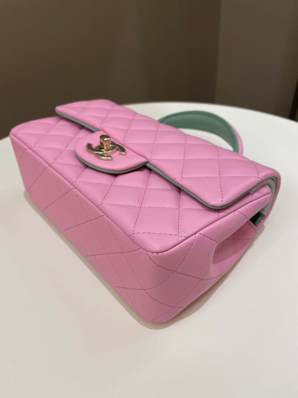 Chanel 23P Quilted Top Handle Mini Rectangular Candy Pink / Apple Green Lambskin