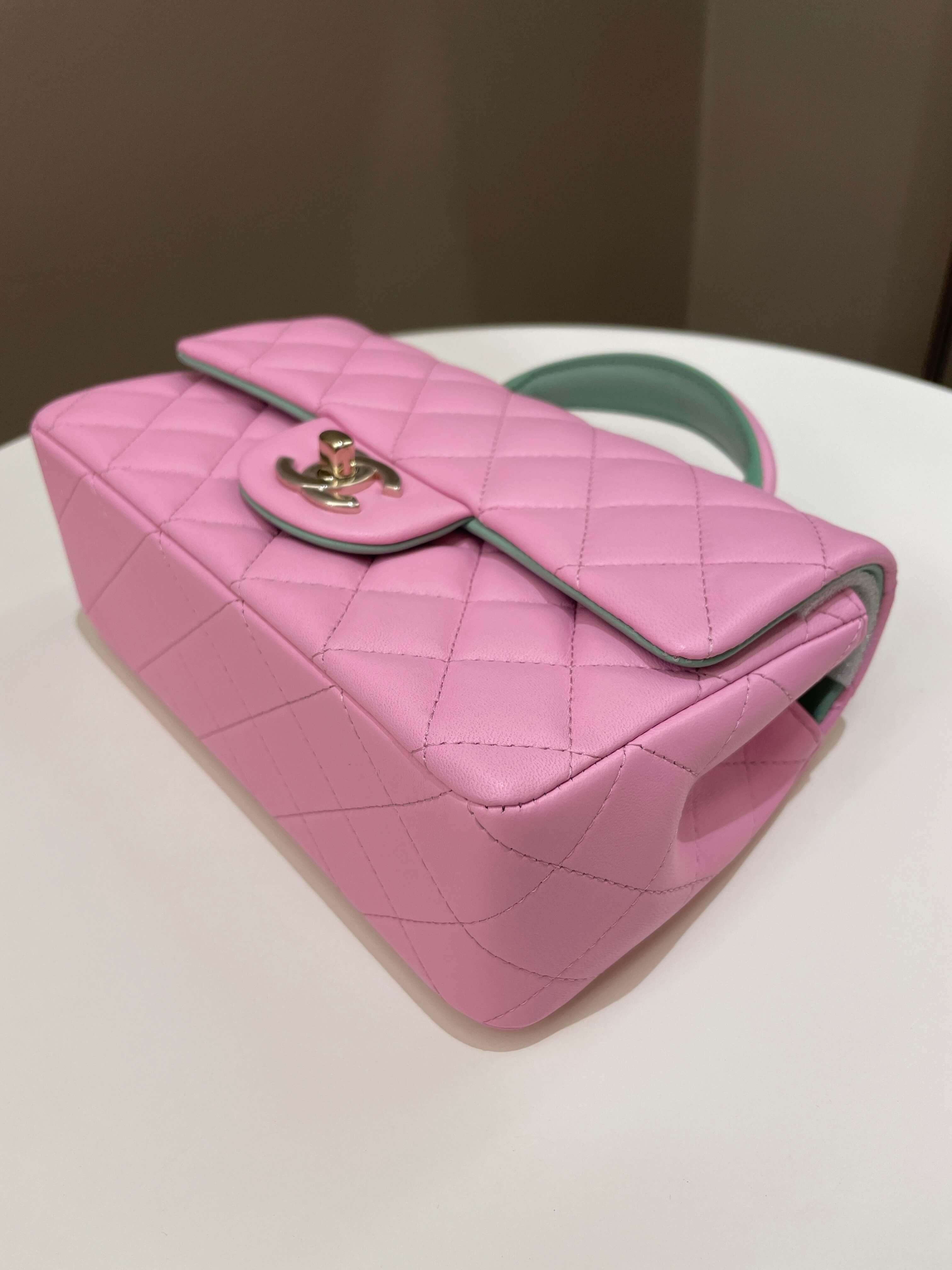 Chanel 23P Quilted Top Handle Mini Rectangular Candy Pink / Apple Green Lambskin