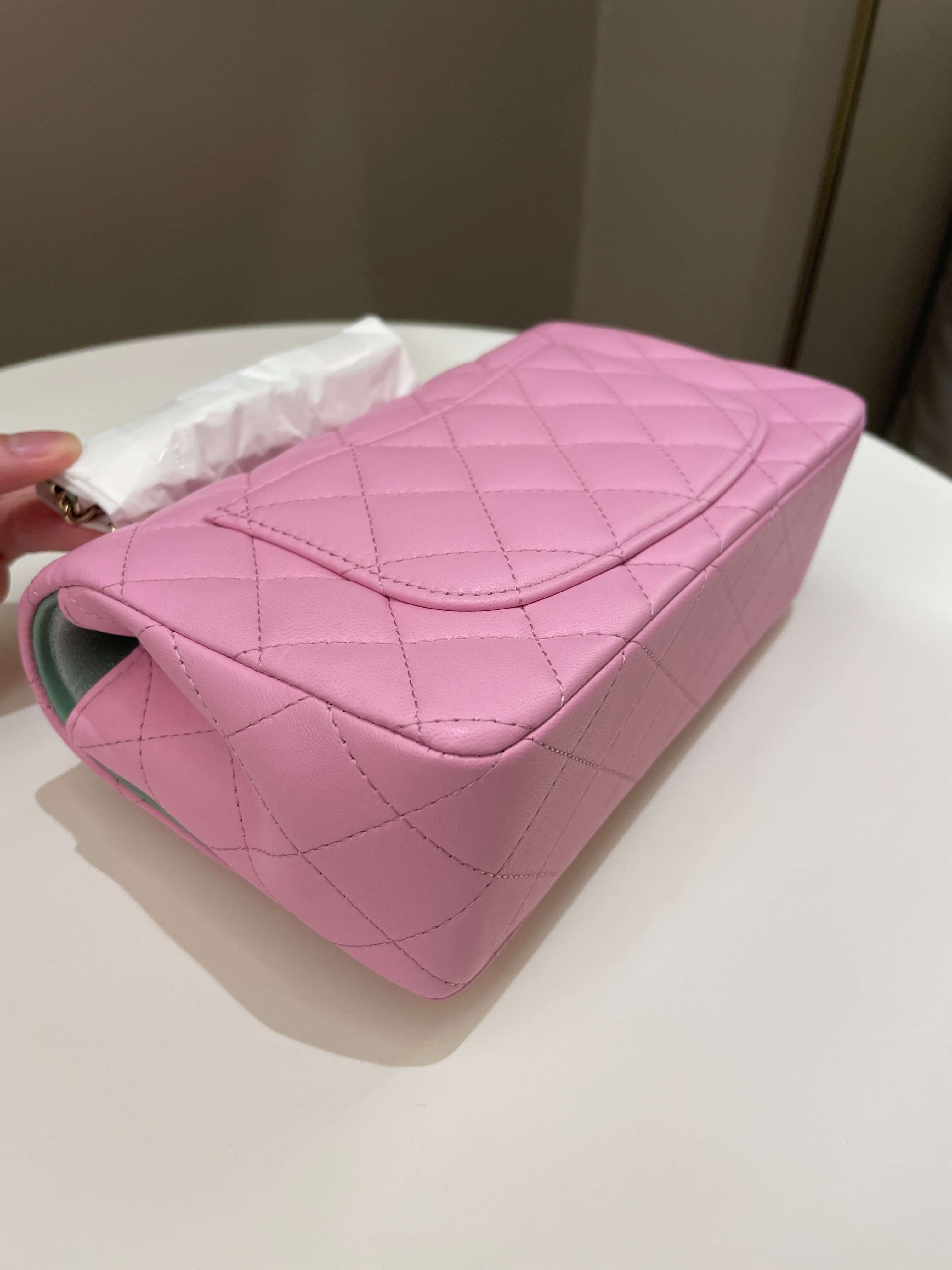 Chanel 23P Quilted Top Handle Mini Rectangular Candy Pink / Apple Green Lambskin