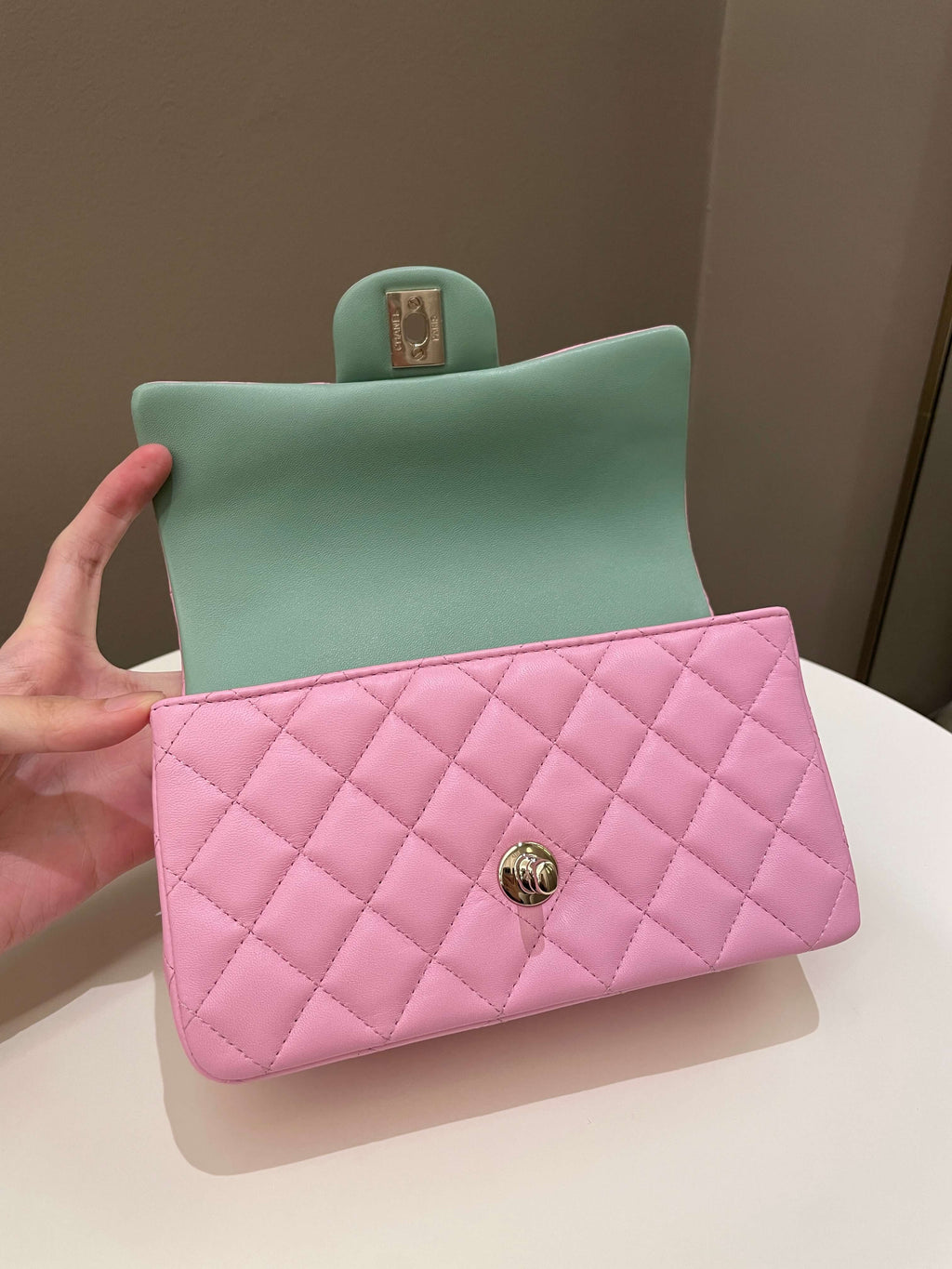 Chanel 23P Quilted Top Handle Mini Rectangular Candy Pink / Apple Green Lambskin