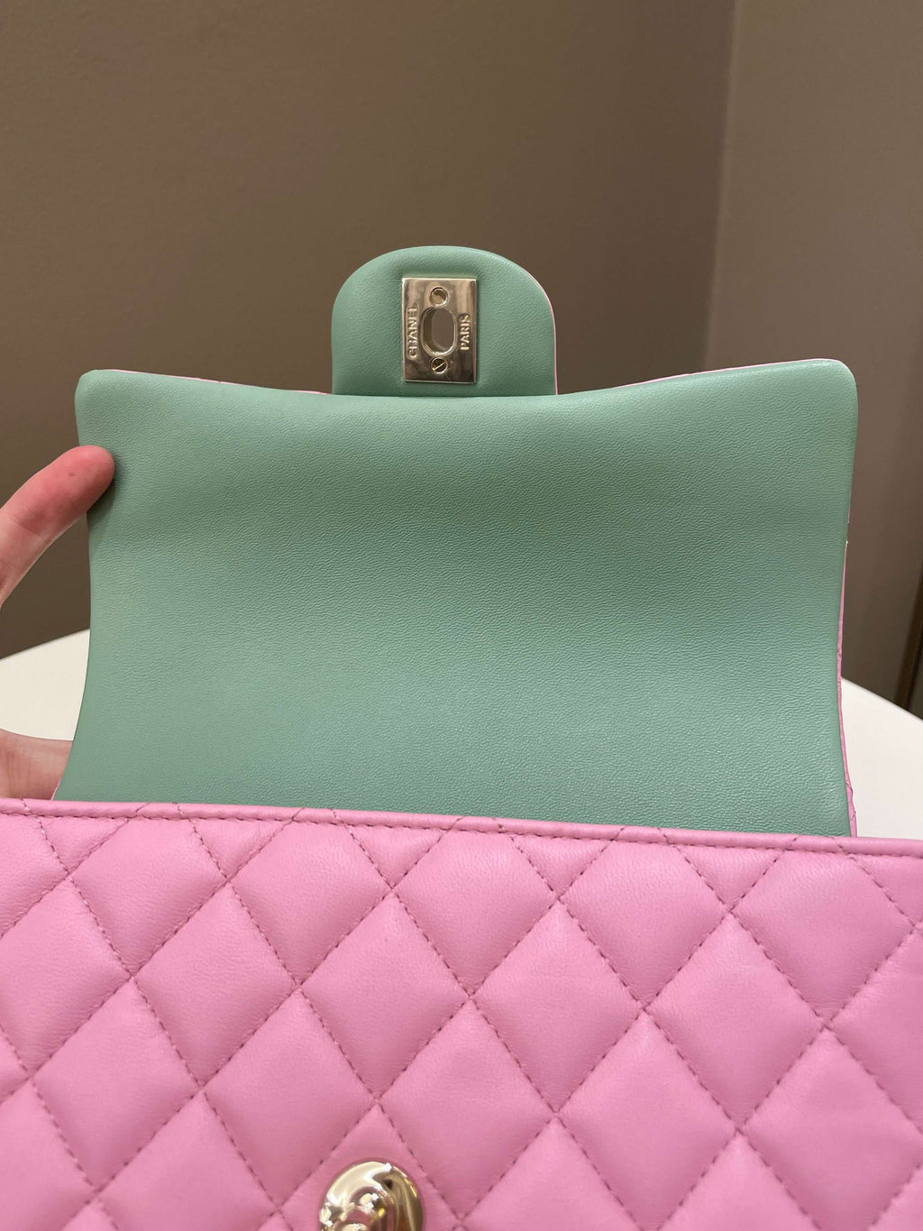 Chanel 23P Quilted Top Handle Mini Rectangular Candy Pink / Apple Green Lambskin