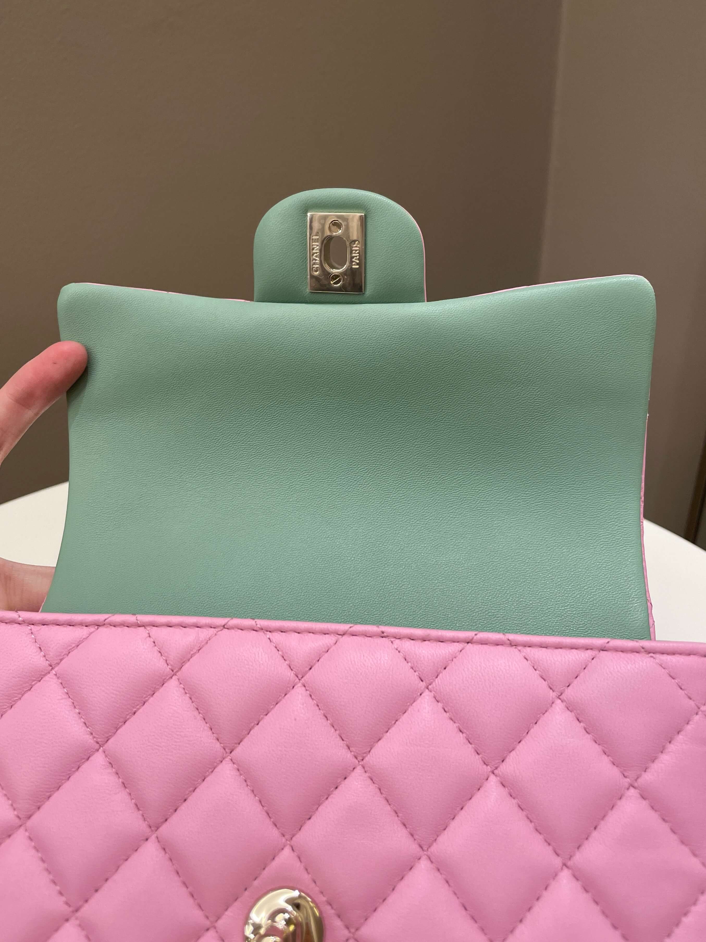 Chanel 23P Quilted Top Handle Mini Rectangular Candy Pink / Apple Green Lambskin