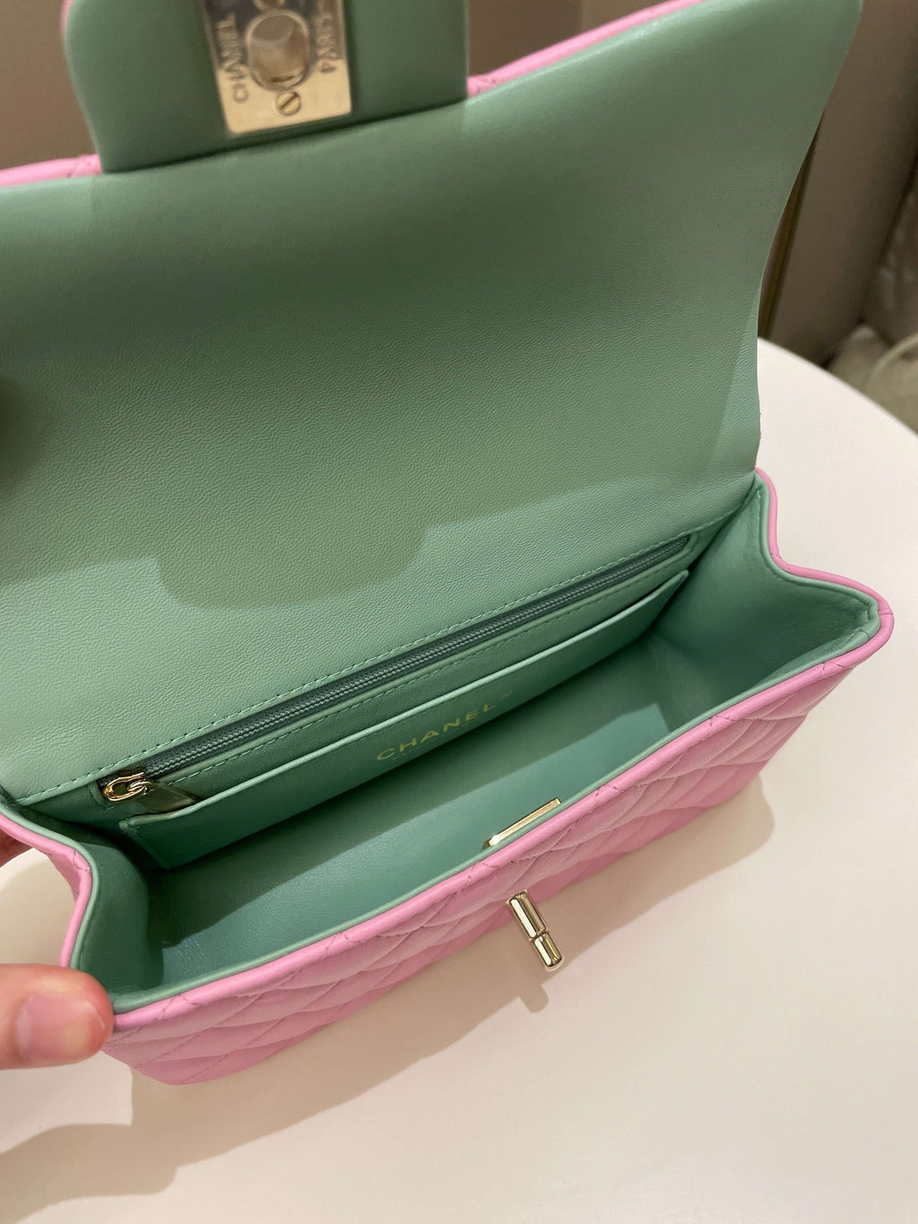 Chanel 23P Quilted Top Handle Mini Rectangular Candy Pink / Apple Green Lambskin