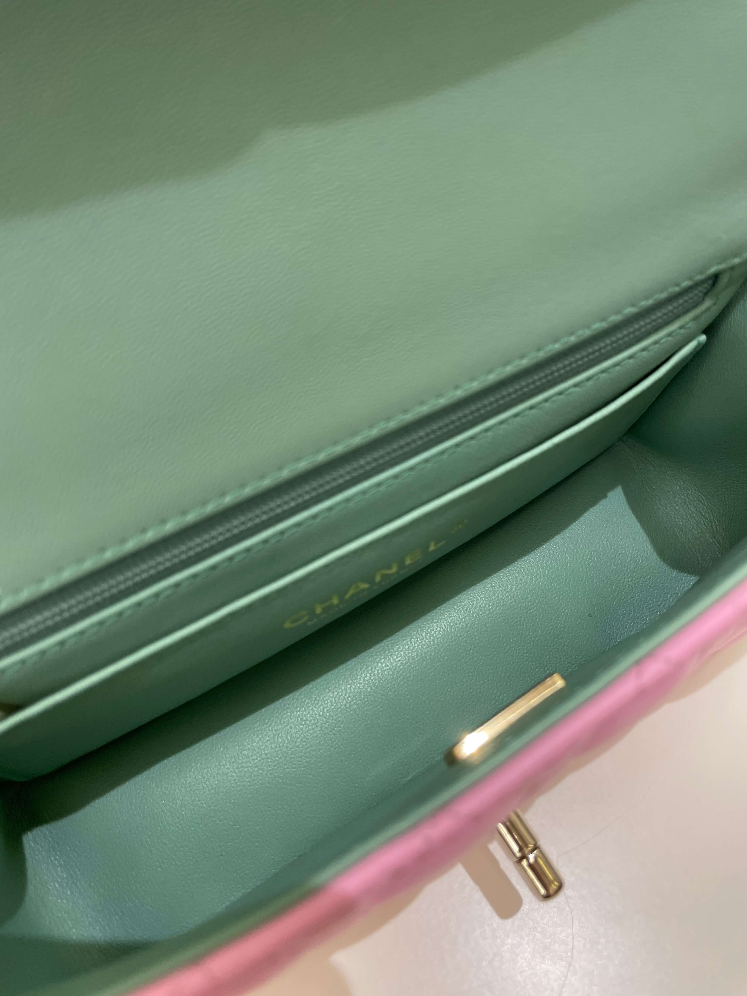 Chanel 23P Quilted Top Handle Mini Rectangular Candy Pink / Apple Green Lambskin