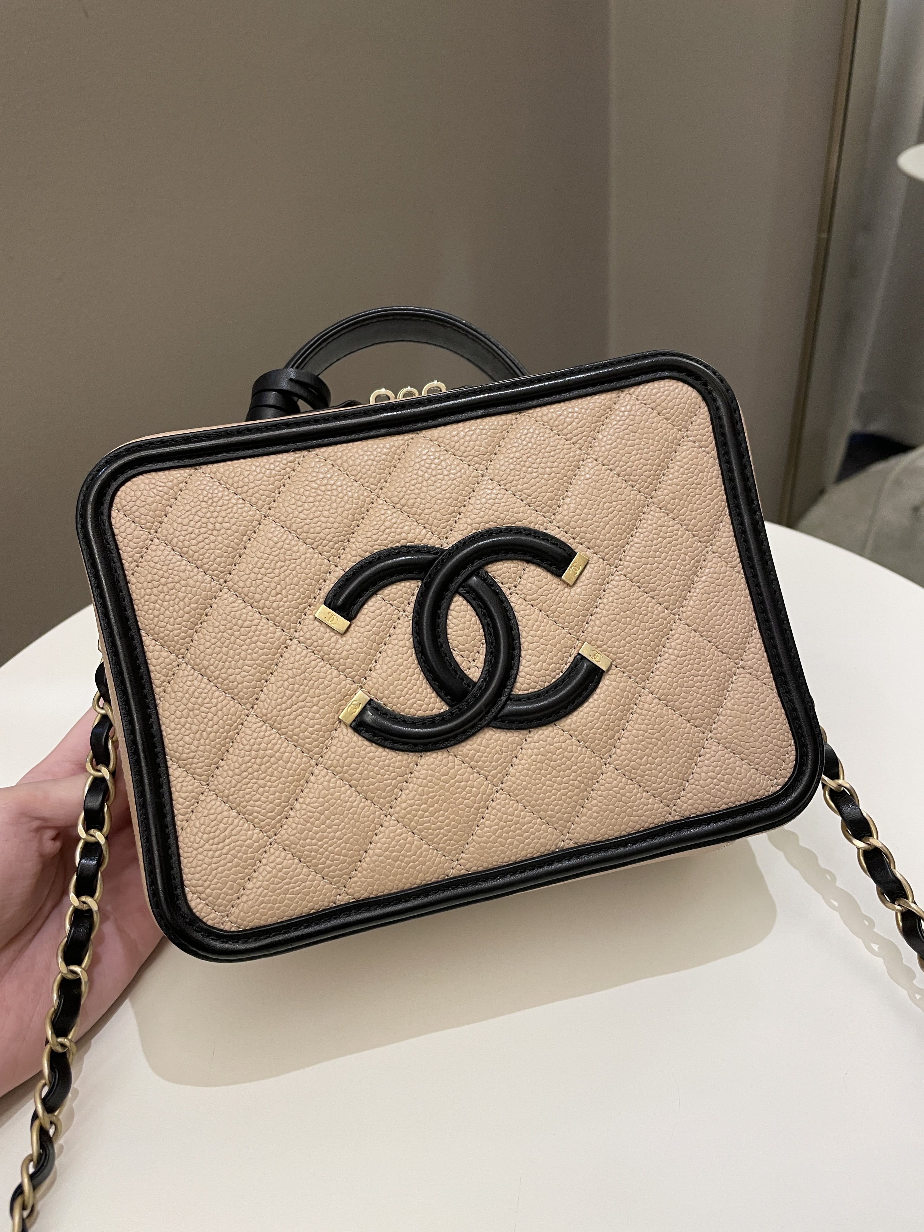 Chanel Filigree Vanity Case Dark Beige Caviar