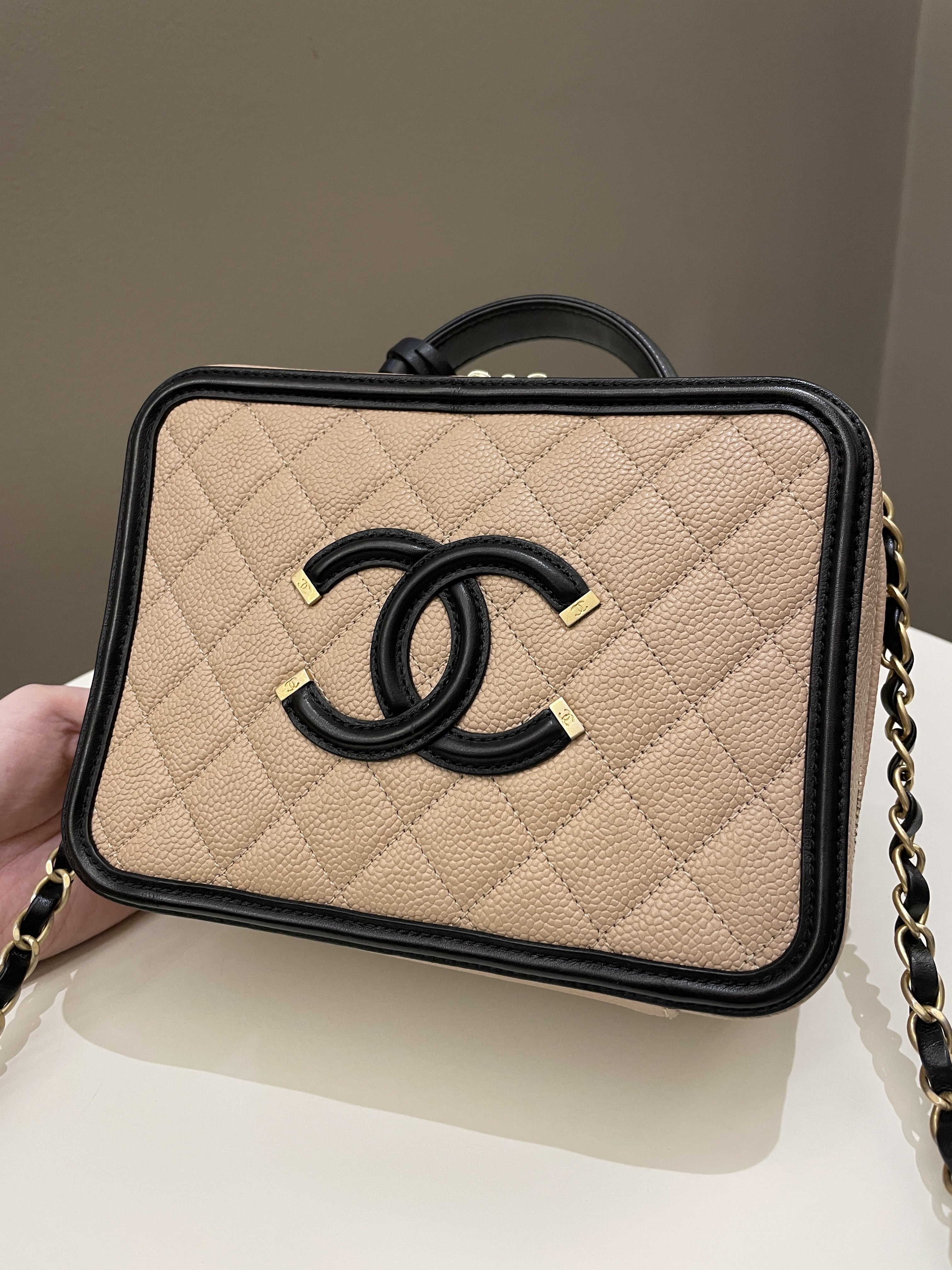 Chanel Filigree Vanity Case Dark Beige Caviar