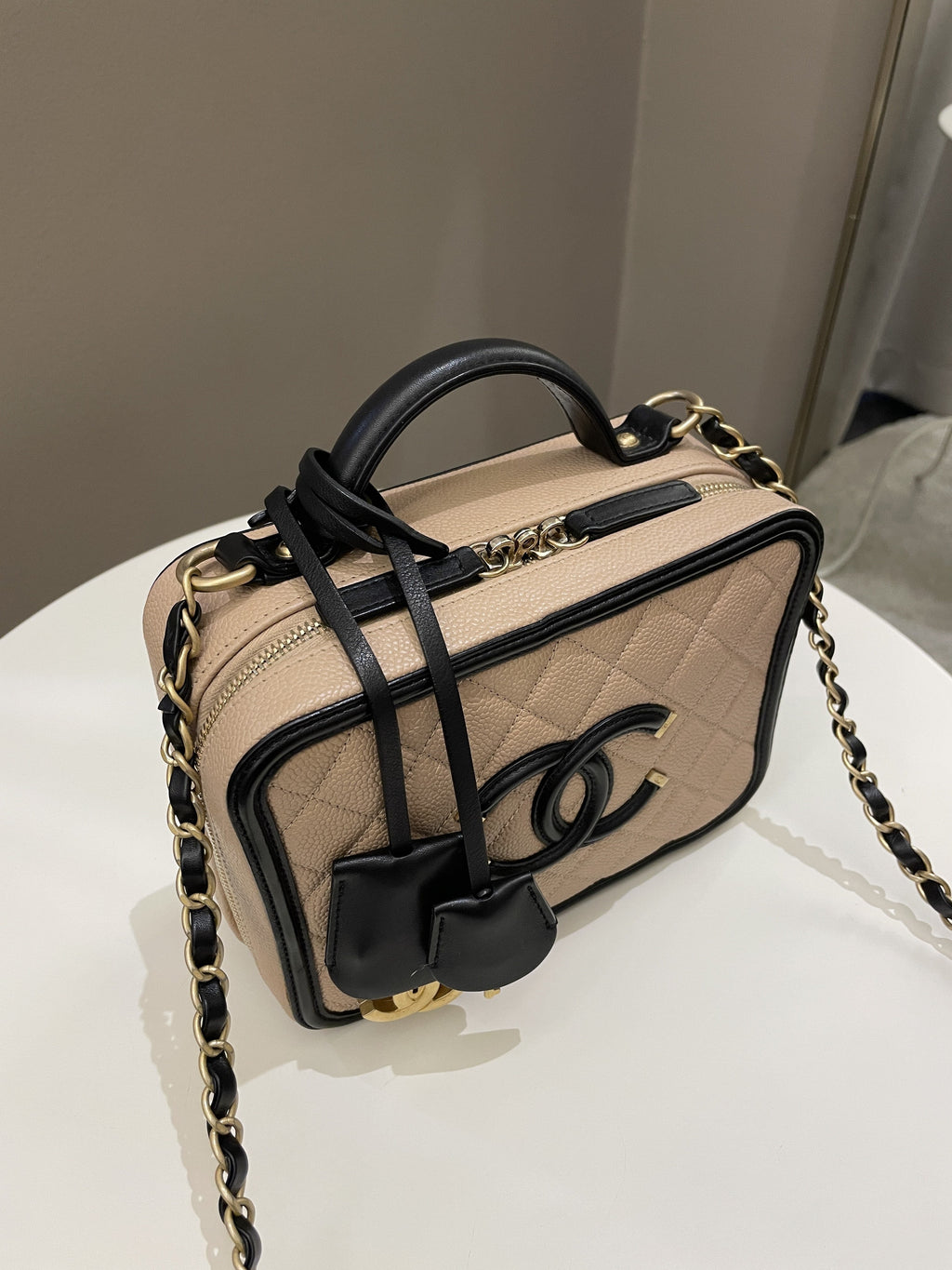 Chanel Filigree Vanity Case Dark Beige Caviar