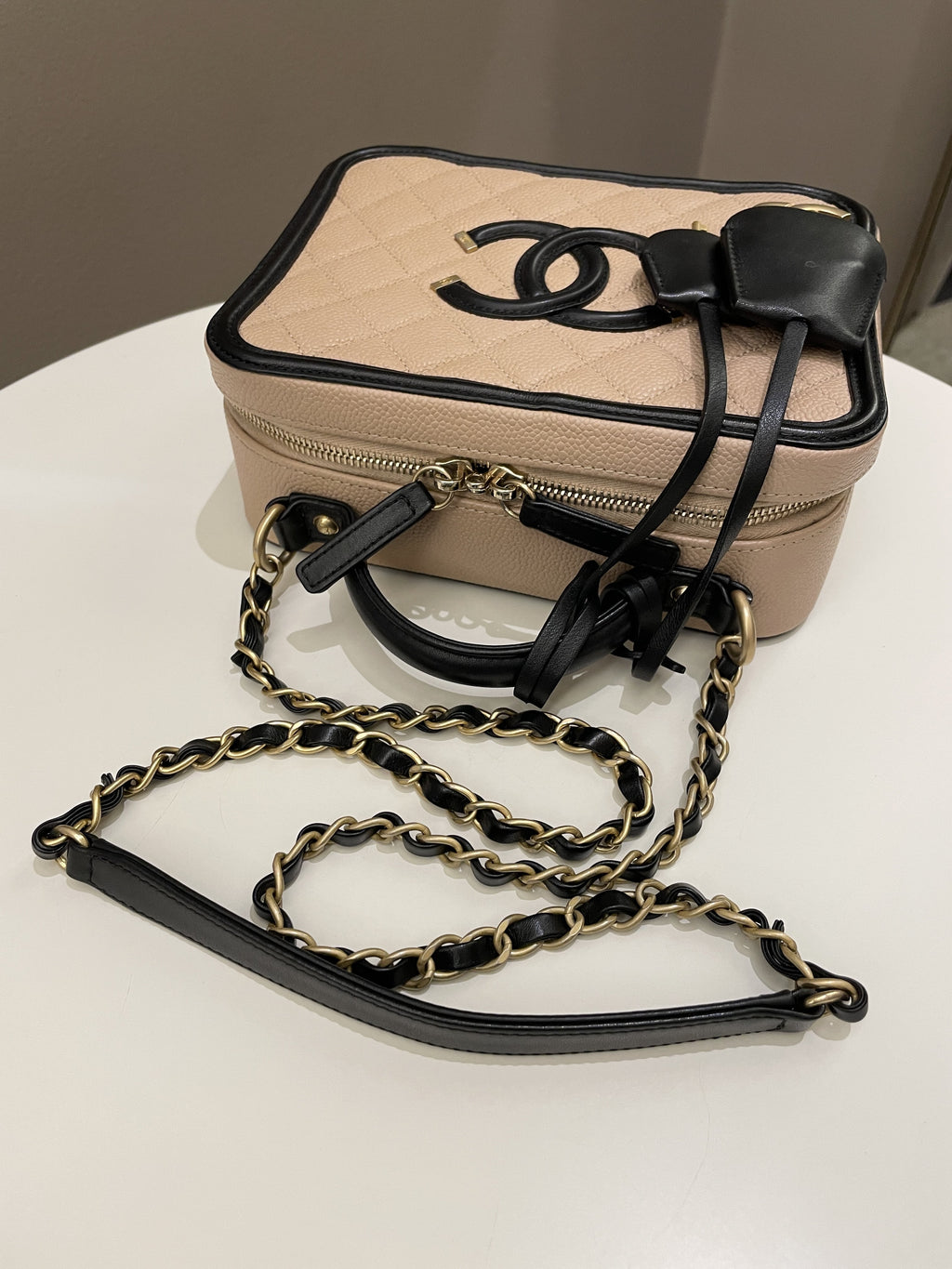 Chanel Filigree Vanity Case Dark Beige Caviar