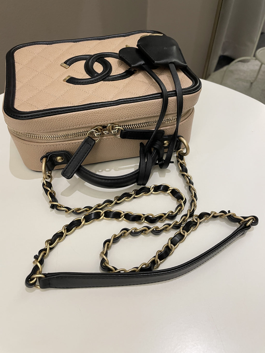 Chanel Filigree Vanity Case Dark Beige Caviar