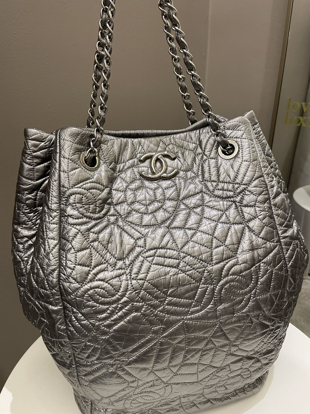Chanel Camilla Graphic Embossed Bag Silver Patent