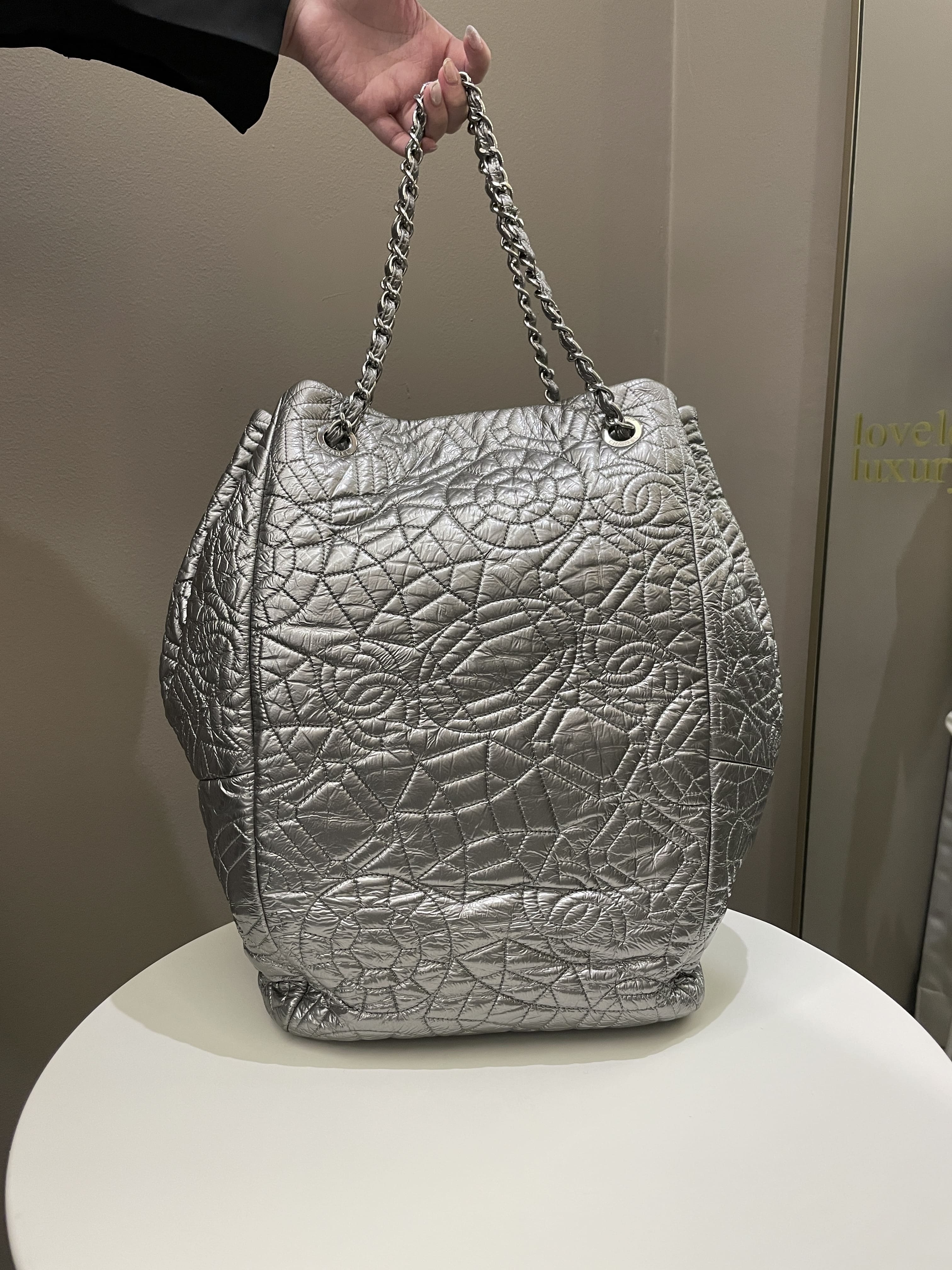 Chanel Camilla Graphic Embossed Bag Silver Patent
