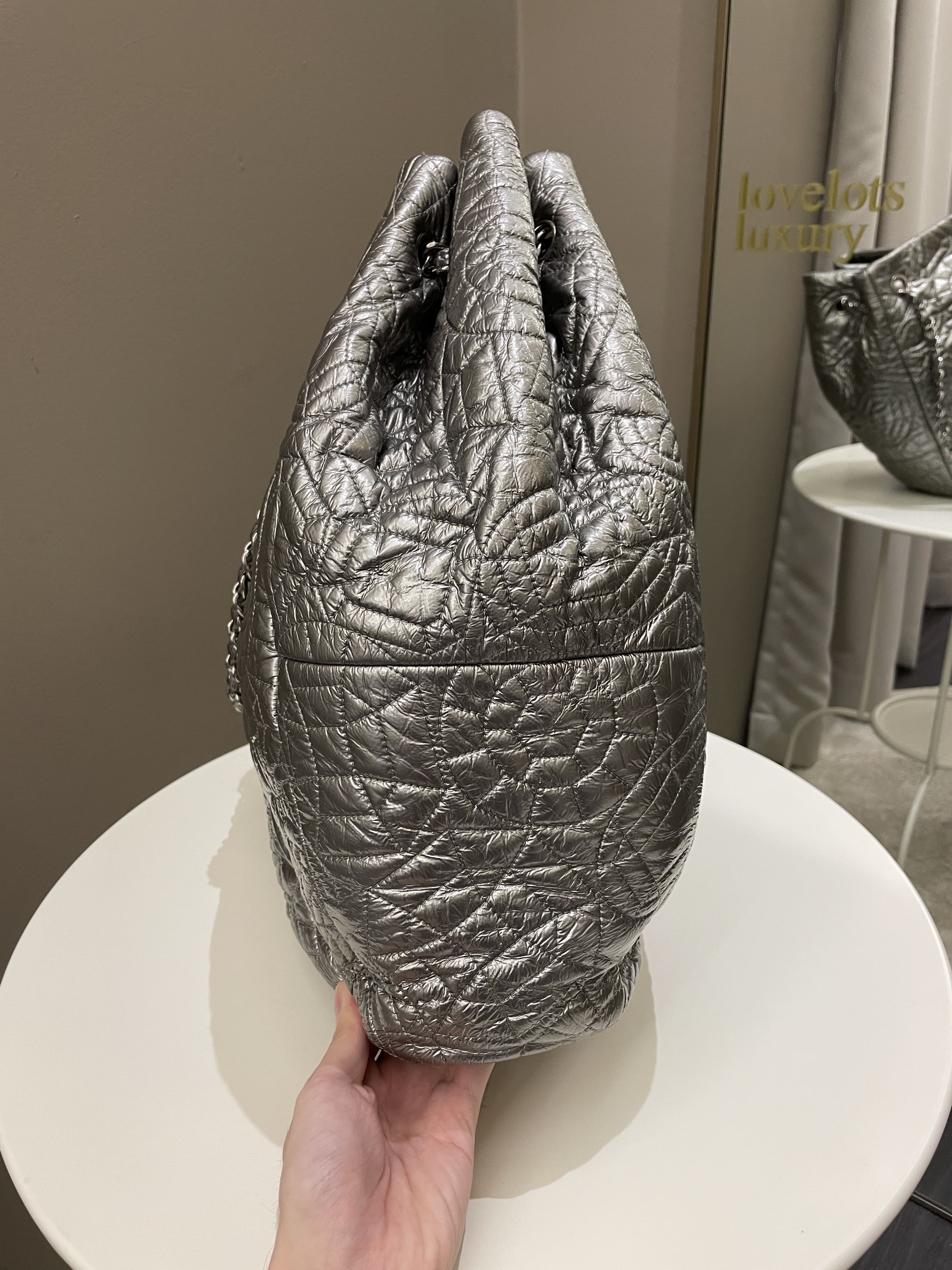 Chanel Camilla Graphic Embossed Bag Silver Patent