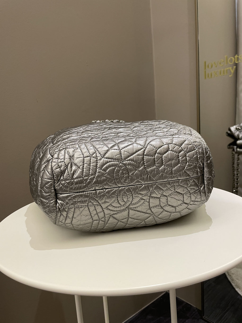 Chanel Camilla Graphic Embossed Bag Silver Patent