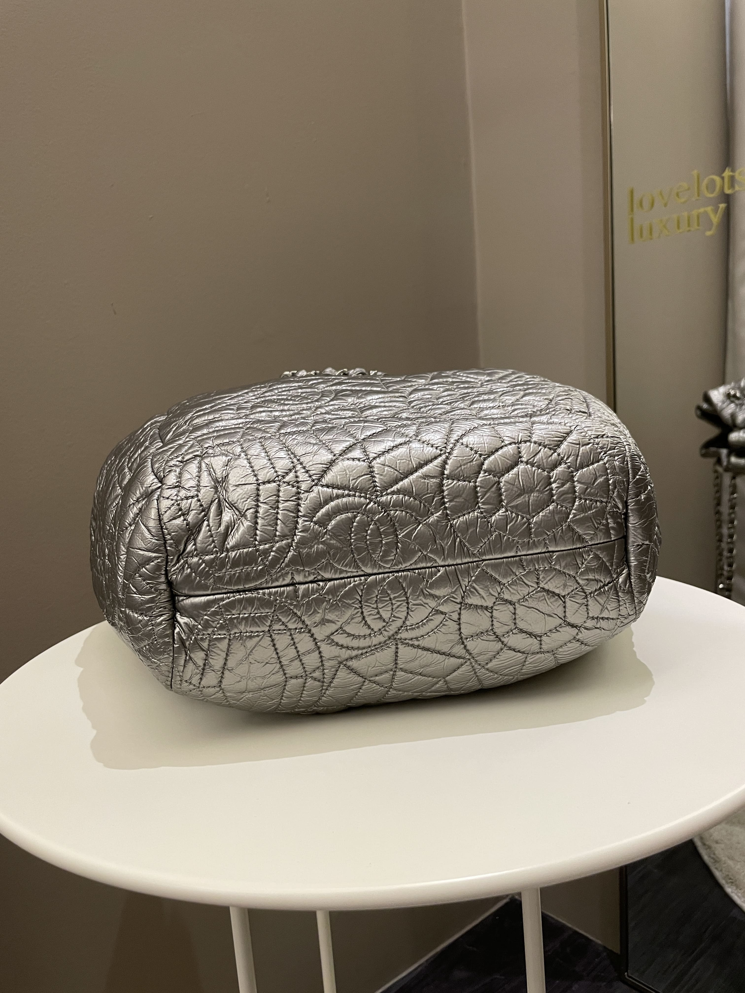 Chanel Camilla Graphic Embossed Bag Silver Patent