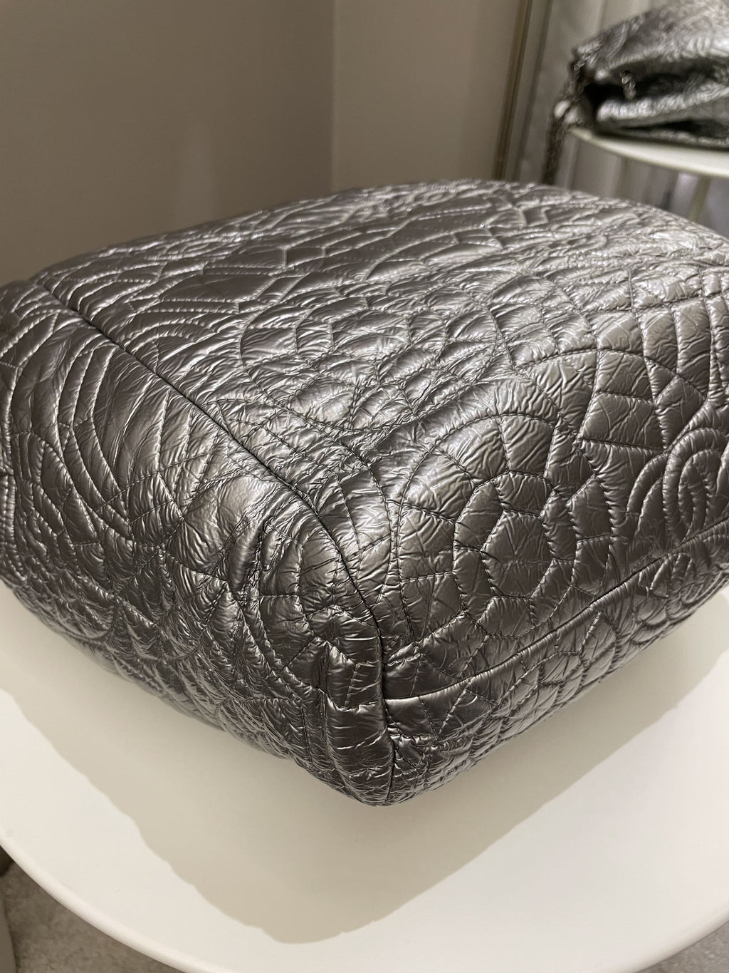 Chanel Camilla Graphic Embossed Bag Silver Patent