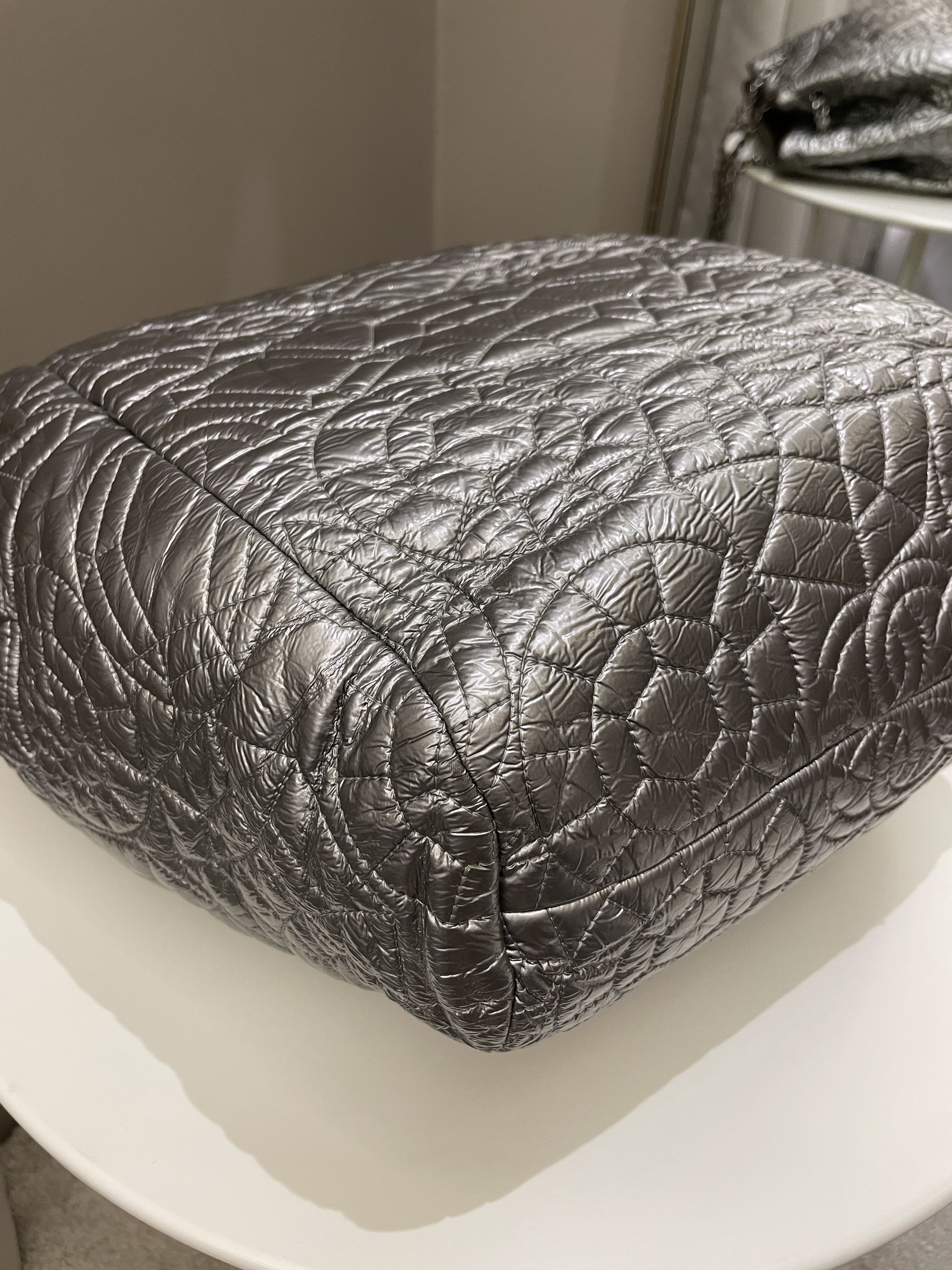 Chanel Camilla Graphic Embossed Bag Silver Patent