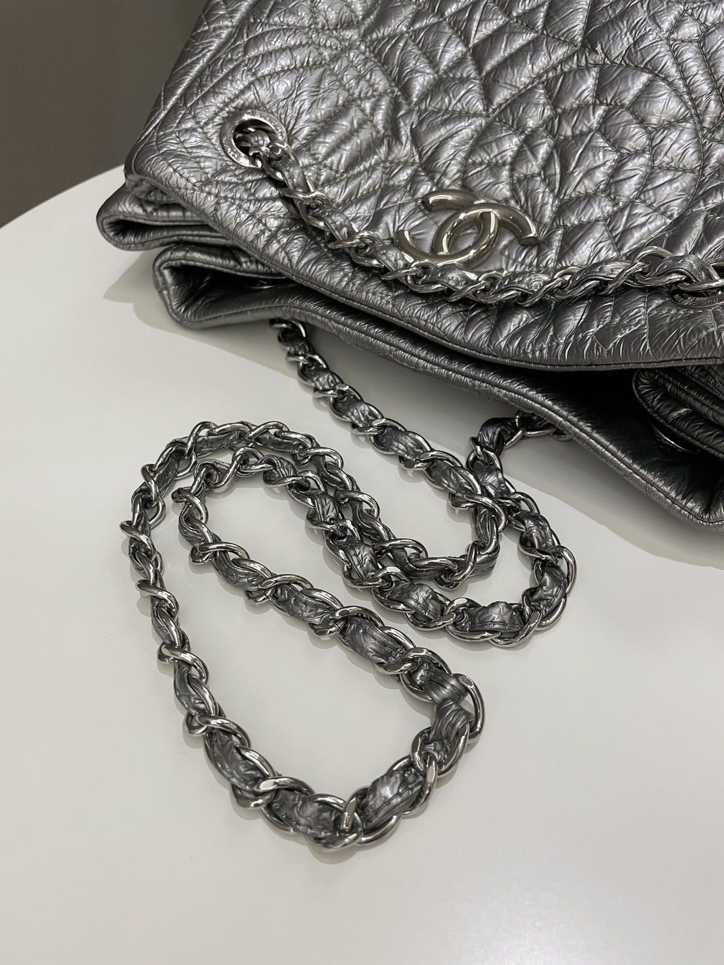 Chanel Camilla Graphic Embossed Bag Silver Patent