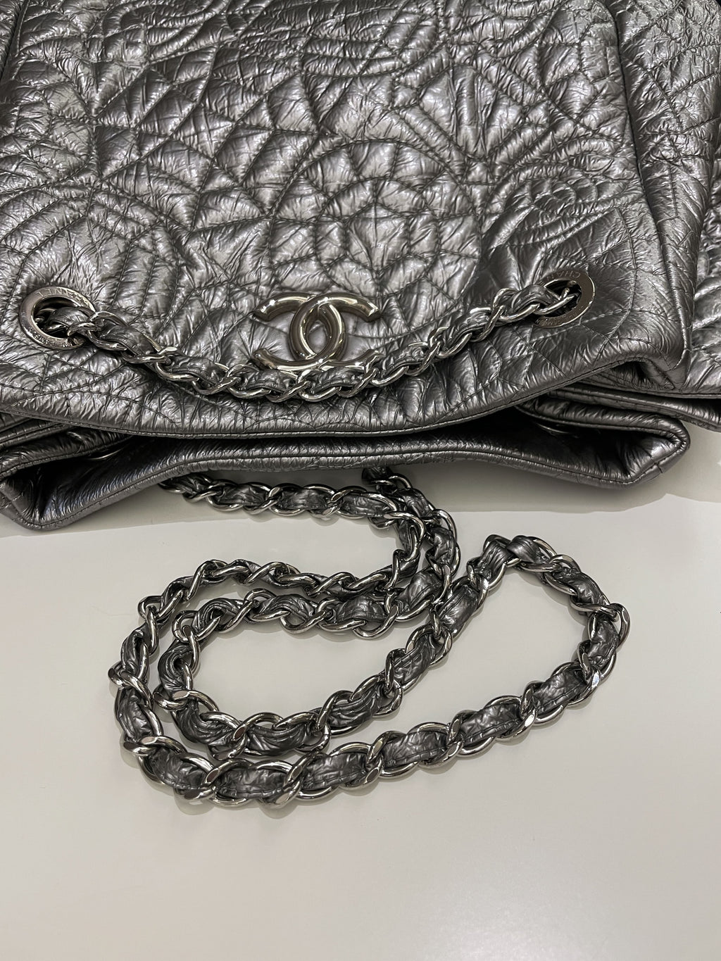 Chanel Camilla Graphic Embossed Bag Silver Patent