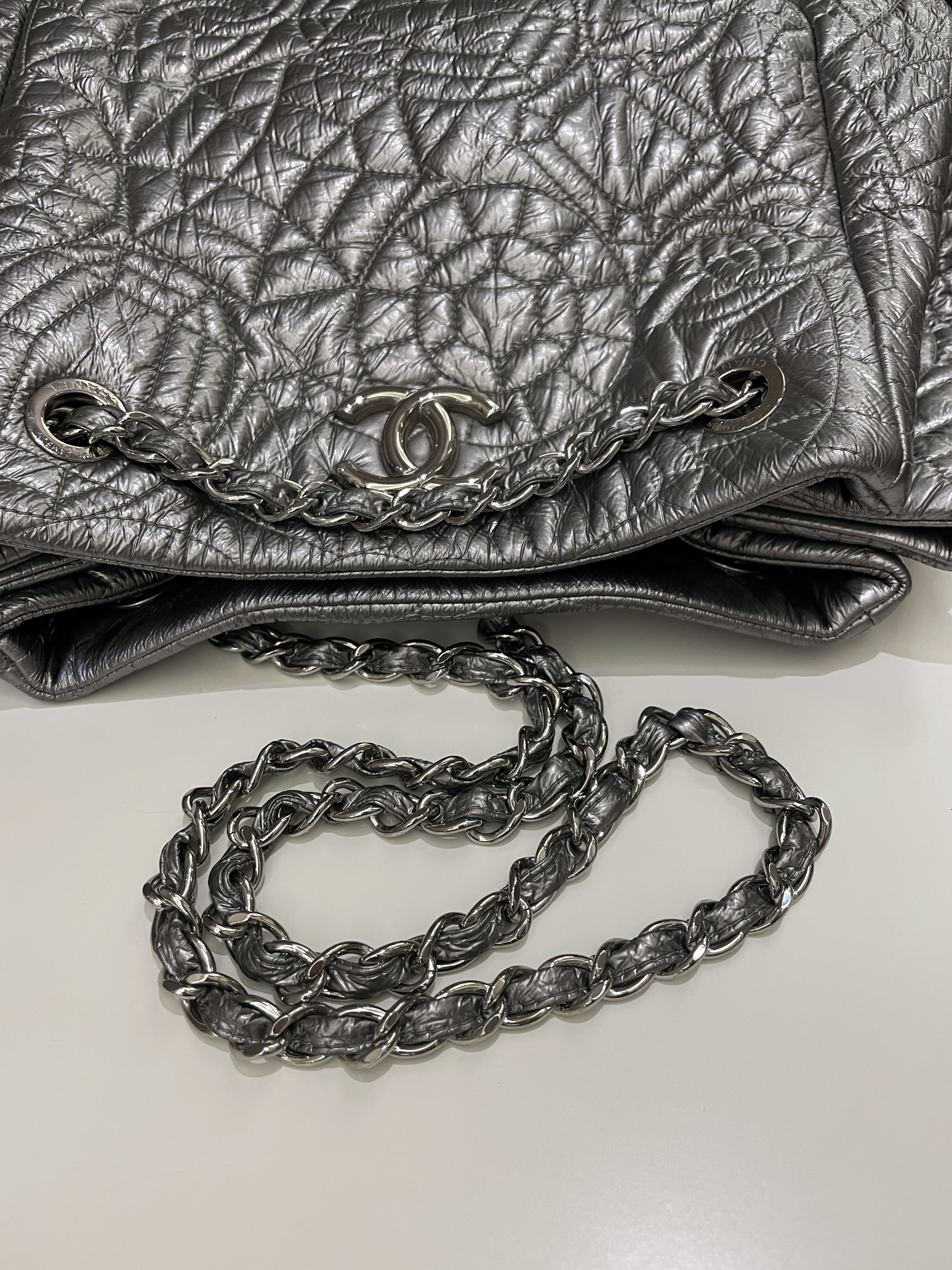 Chanel Camilla Graphic Embossed Bag Silver Patent