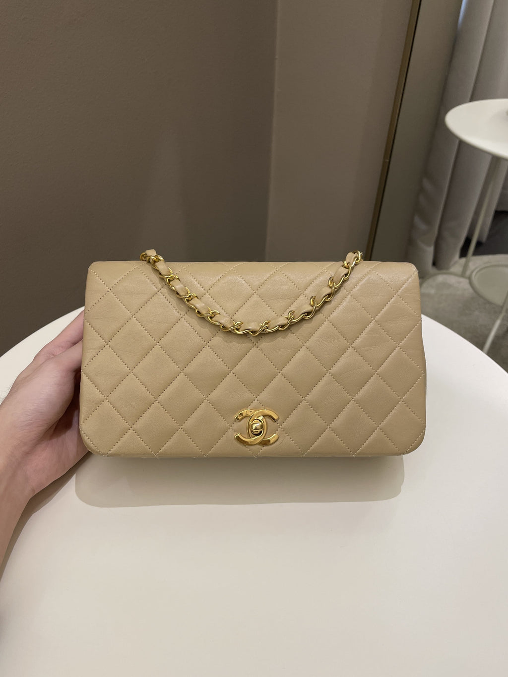 Chanel Vintage Quilted Full Flap Bag Beige Lambskin