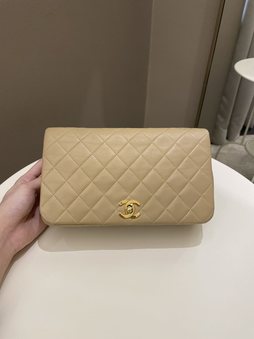 Chanel Vintage Quilted Full Flap Bag Beige Lambskin