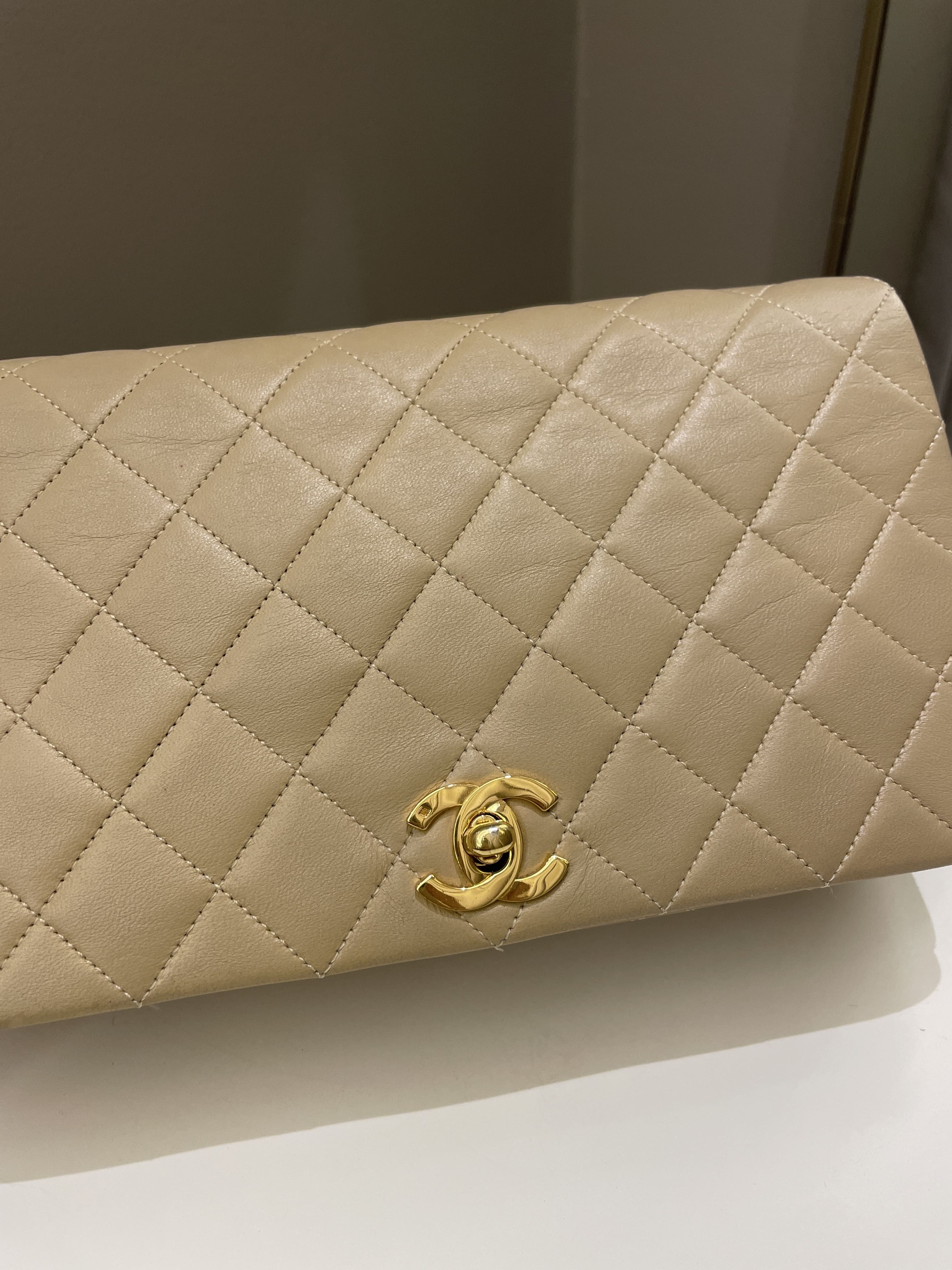 Chanel Vintage Quilted Full Flap Bag Beige Lambskin