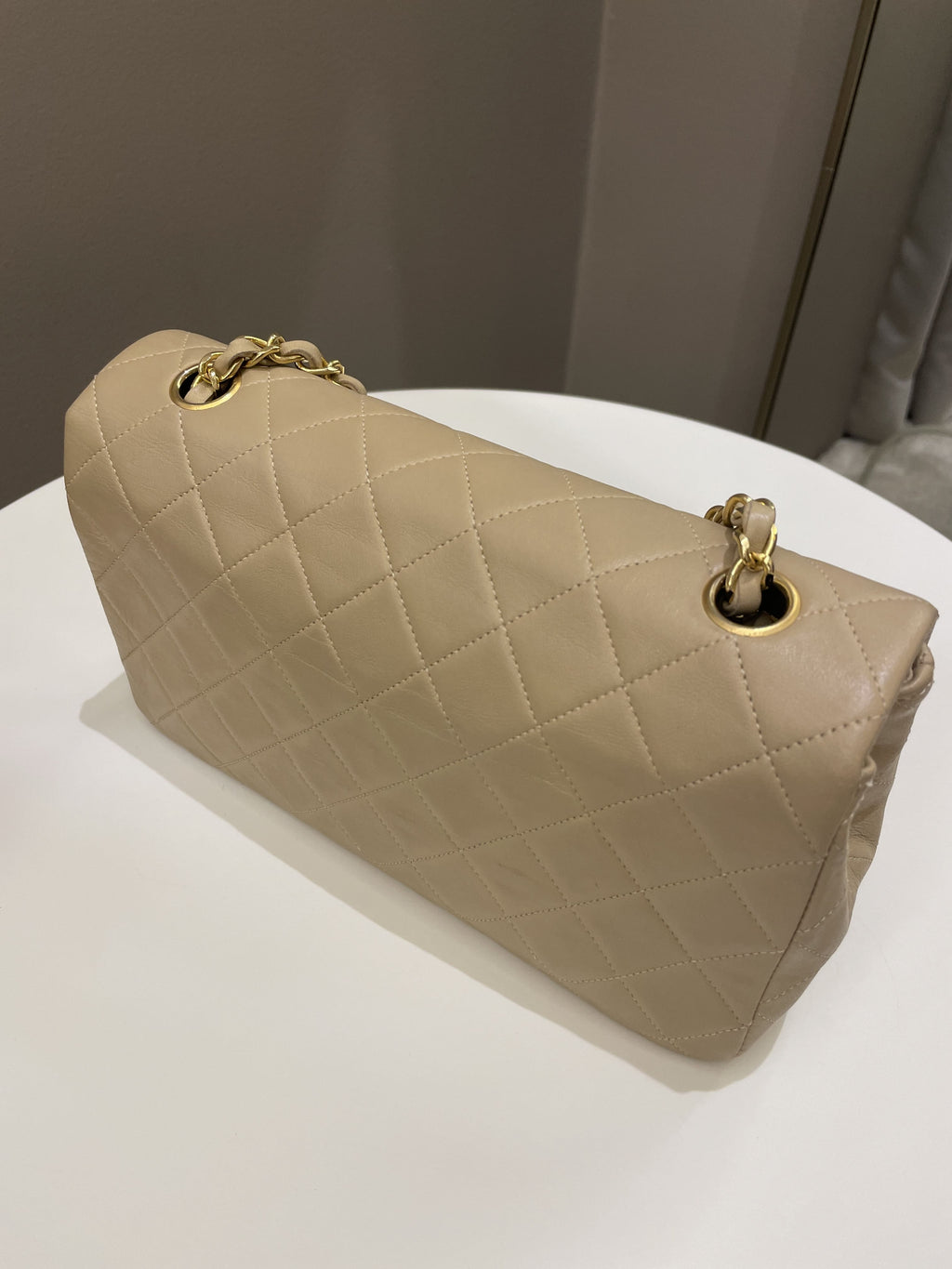 Chanel Vintage Quilted Full Flap Bag Beige Lambskin
