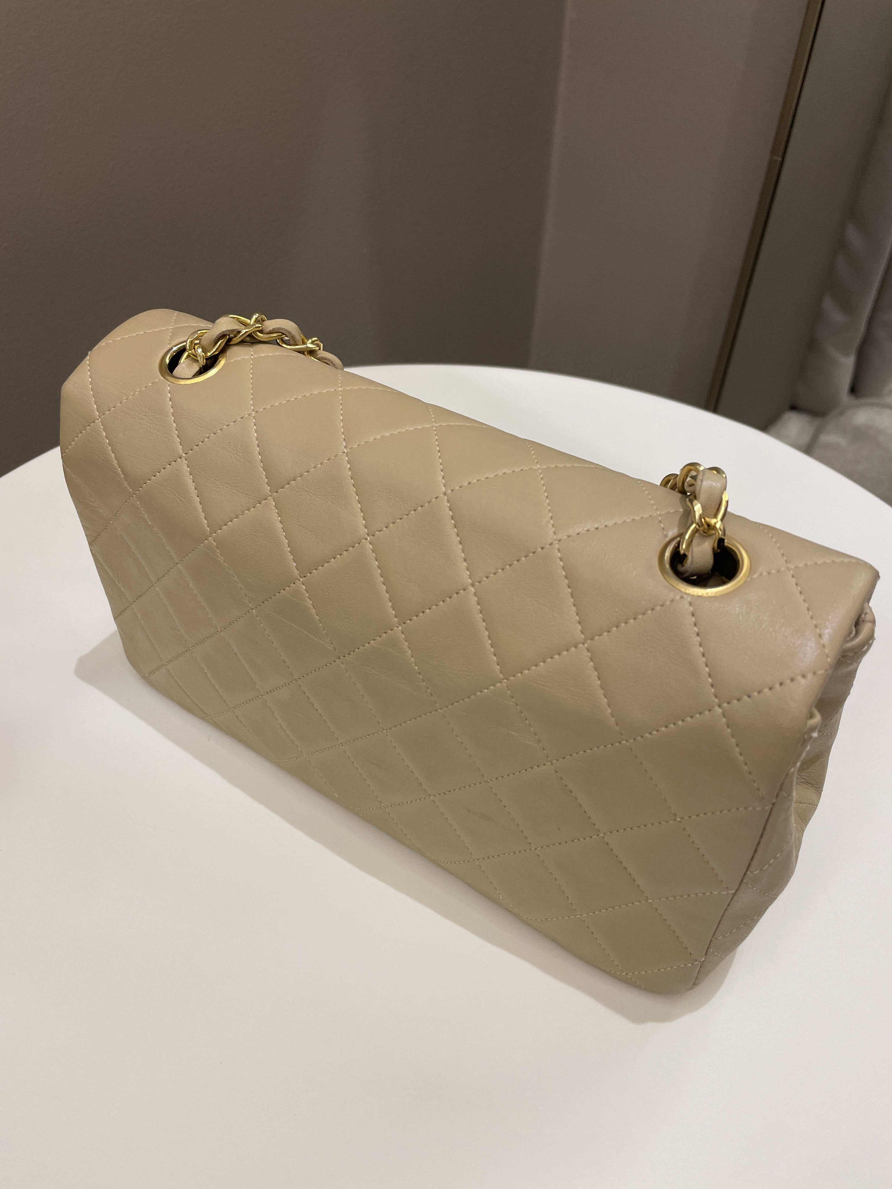 Chanel Vintage Quilted Full Flap Bag Beige Lambskin