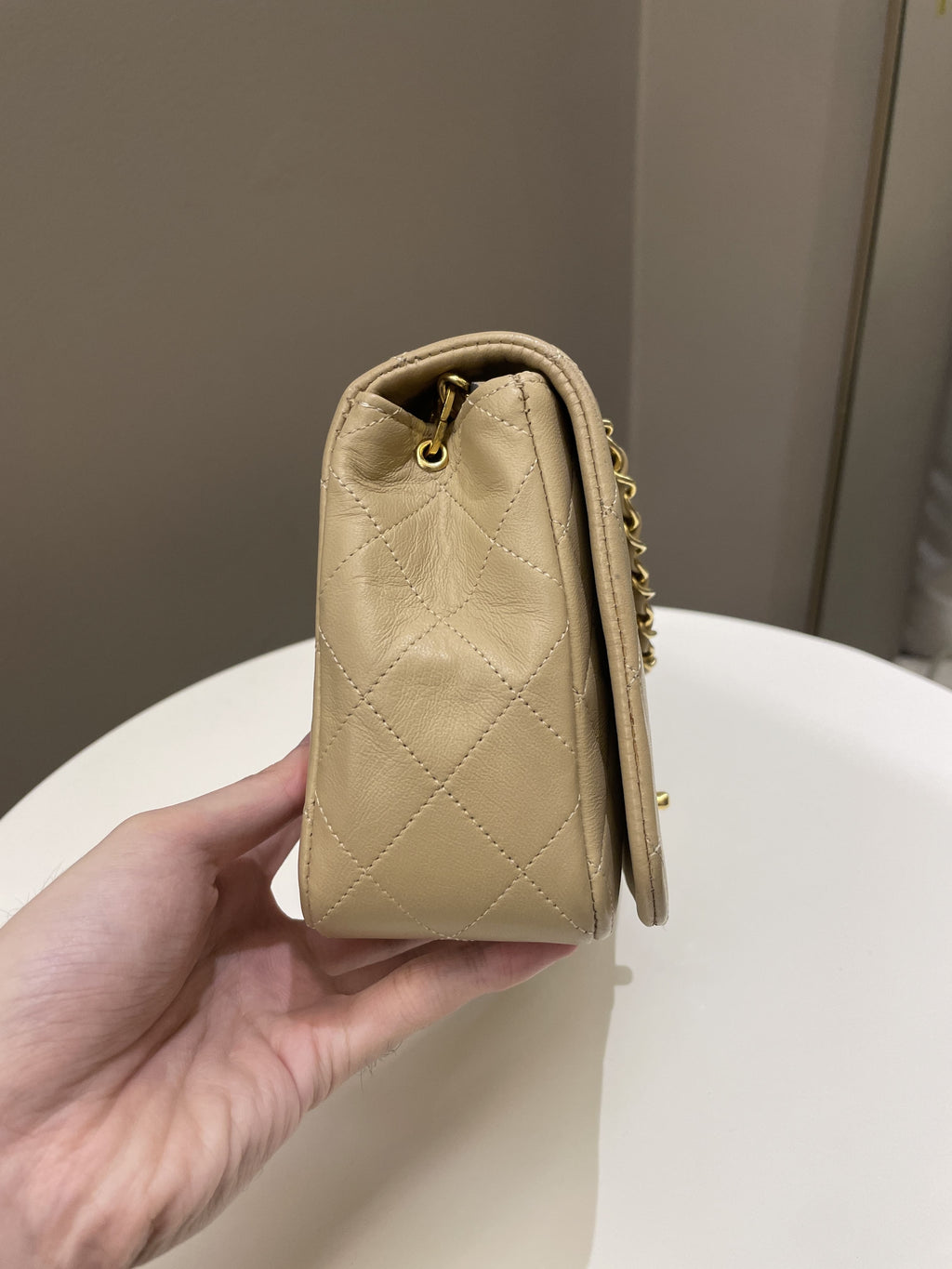 Chanel Vintage Quilted Full Flap Bag Beige Lambskin
