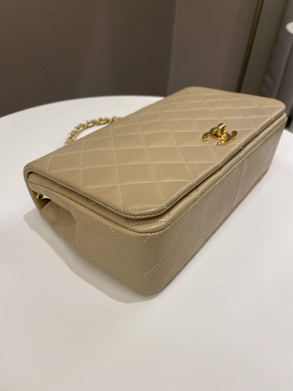 Chanel Vintage Quilted Full Flap Bag Beige Lambskin