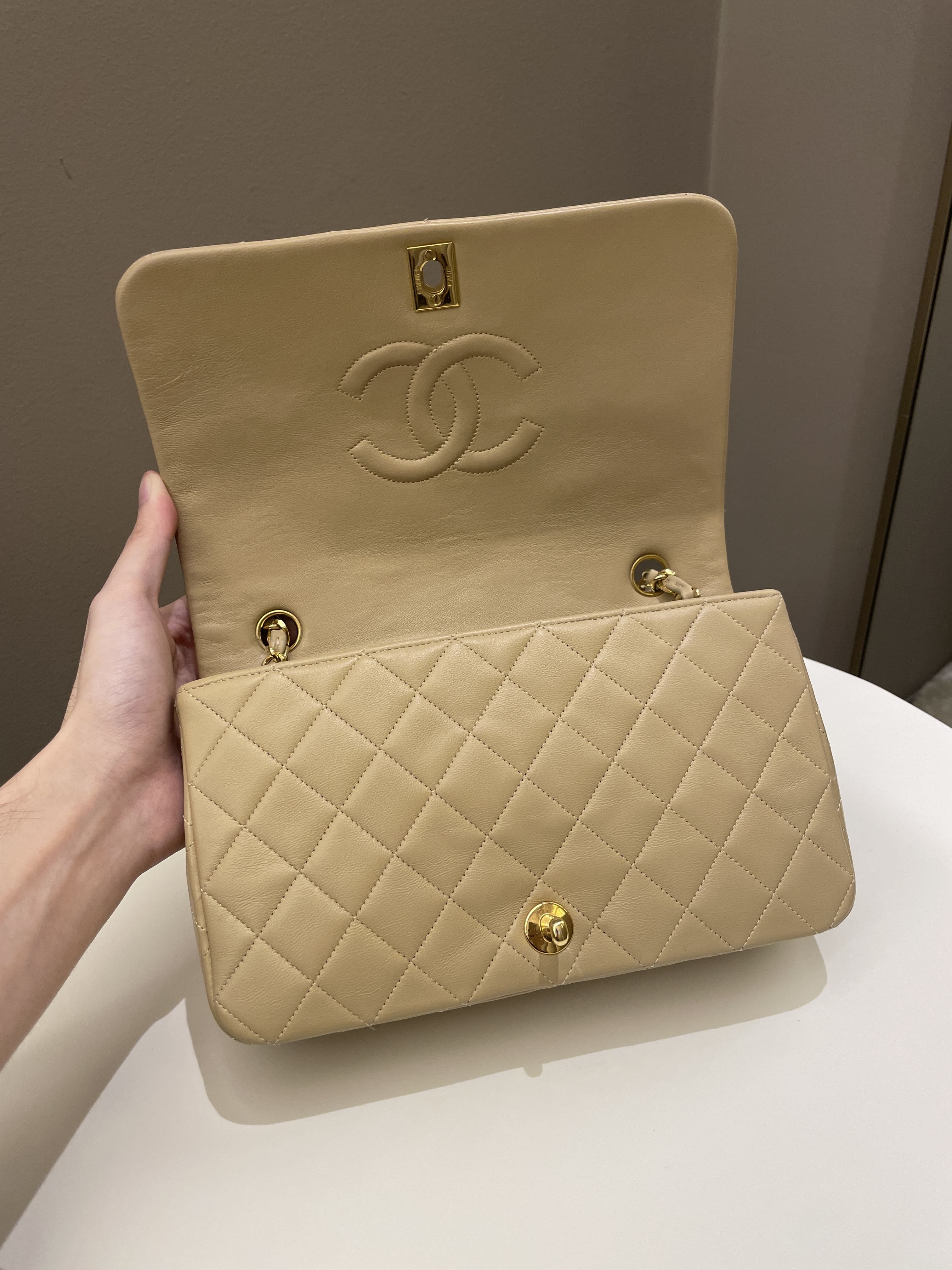 Chanel Vintage Quilted Full Flap Bag Beige Lambskin