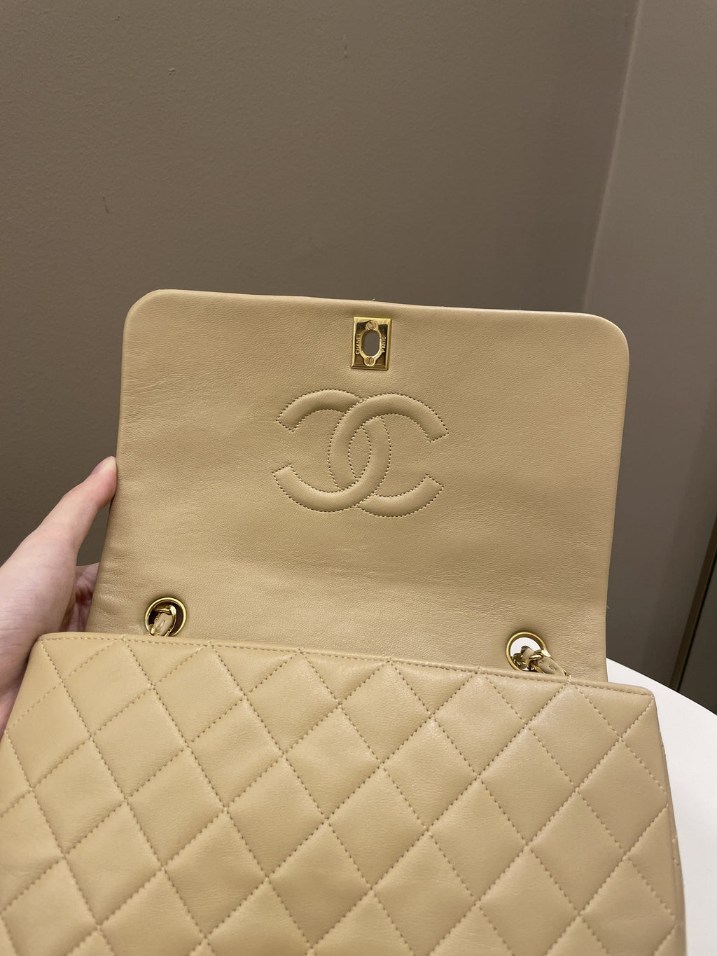 Chanel Vintage Quilted Full Flap Bag Beige Lambskin