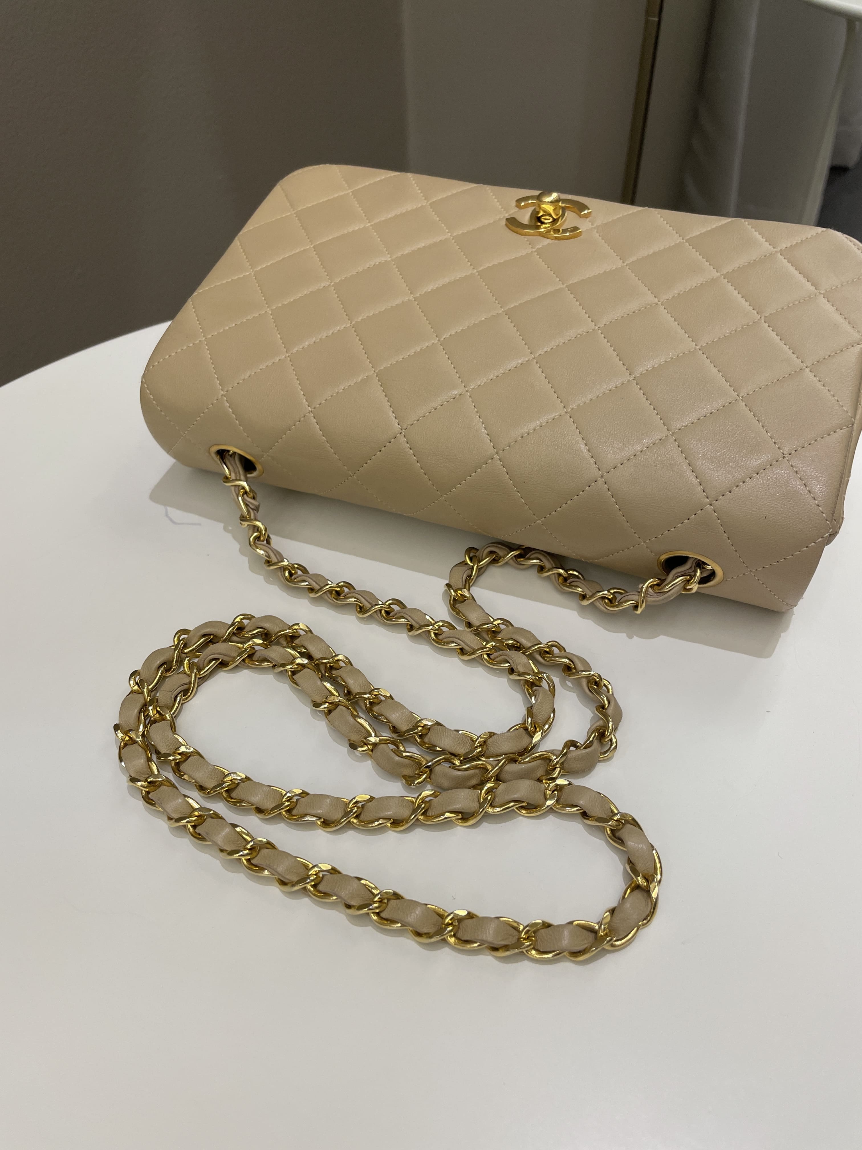 Chanel Vintage Quilted Full Flap Bag Beige Lambskin