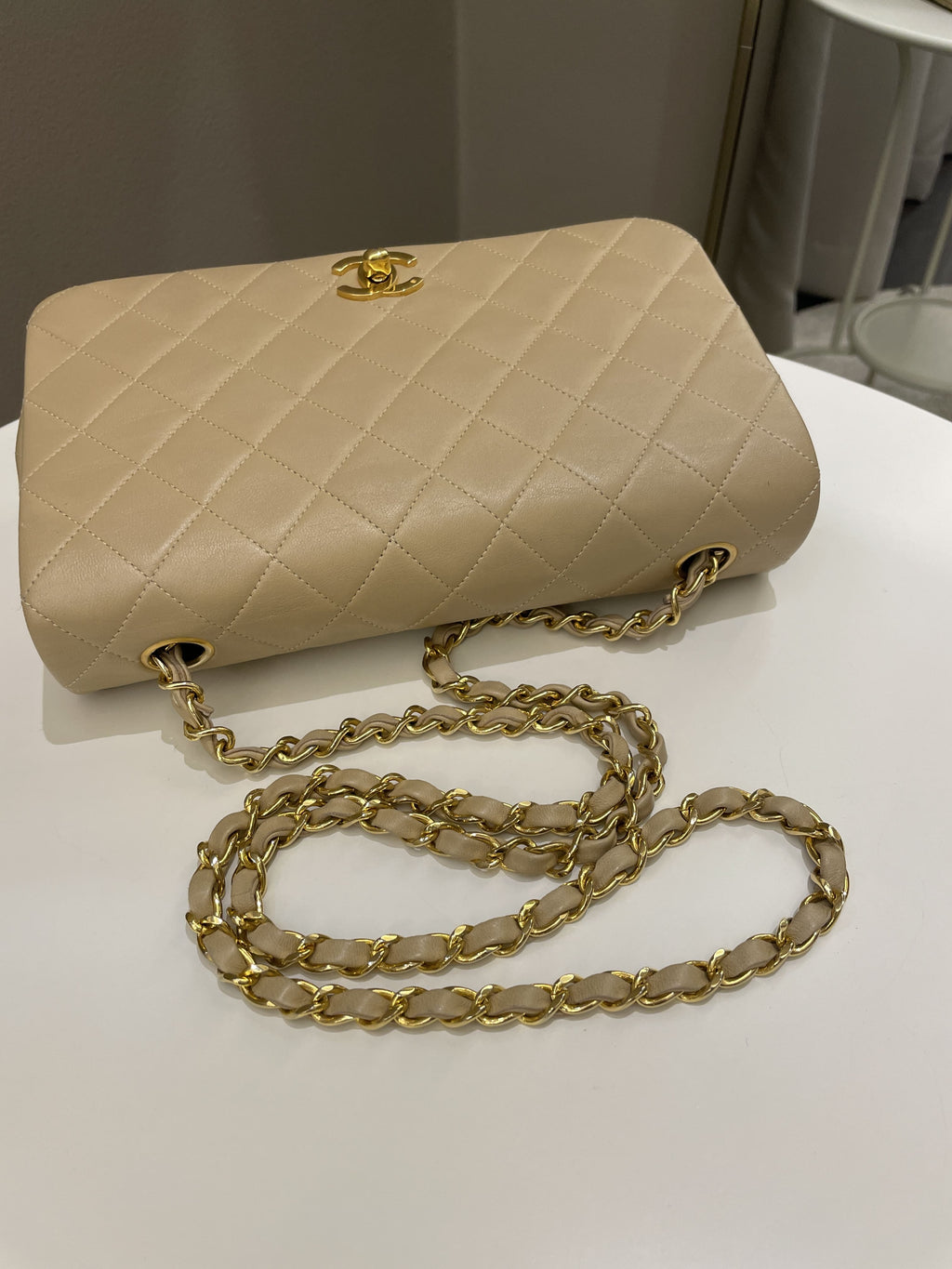 Chanel Vintage Quilted Full Flap Bag Beige Lambskin