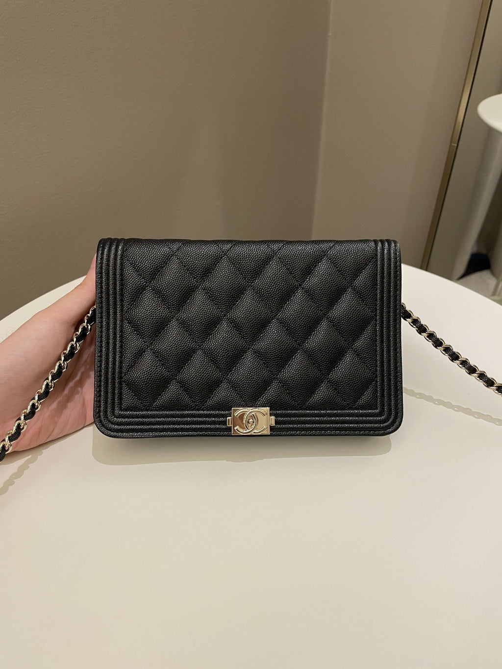 Chanel Quilted Boy Wallet On Chain Black Caviar
