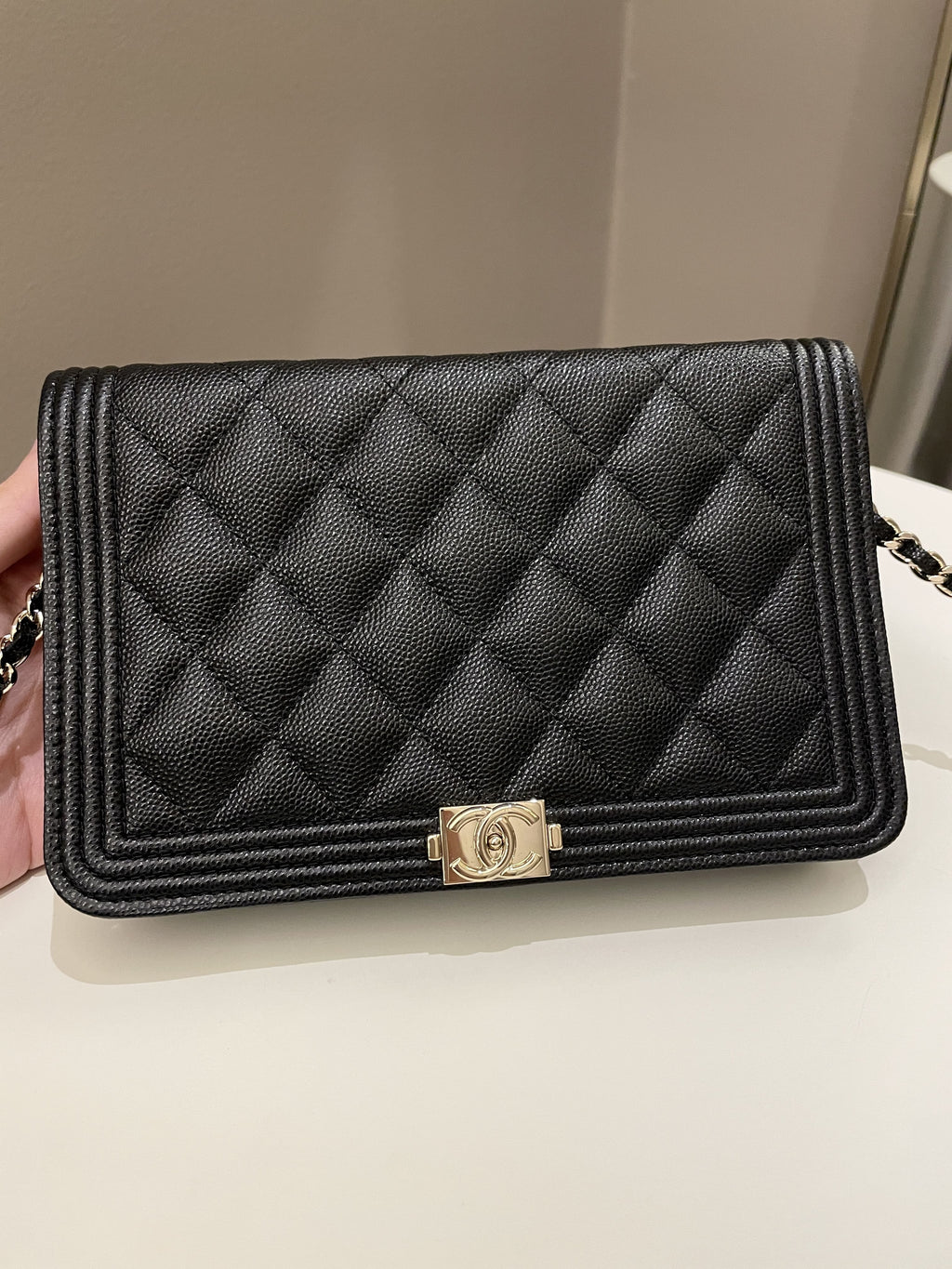 Chanel Quilted Boy Wallet On Chain Black Caviar