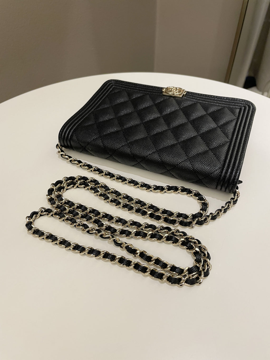Chanel Quilted Boy Wallet On Chain Black Caviar